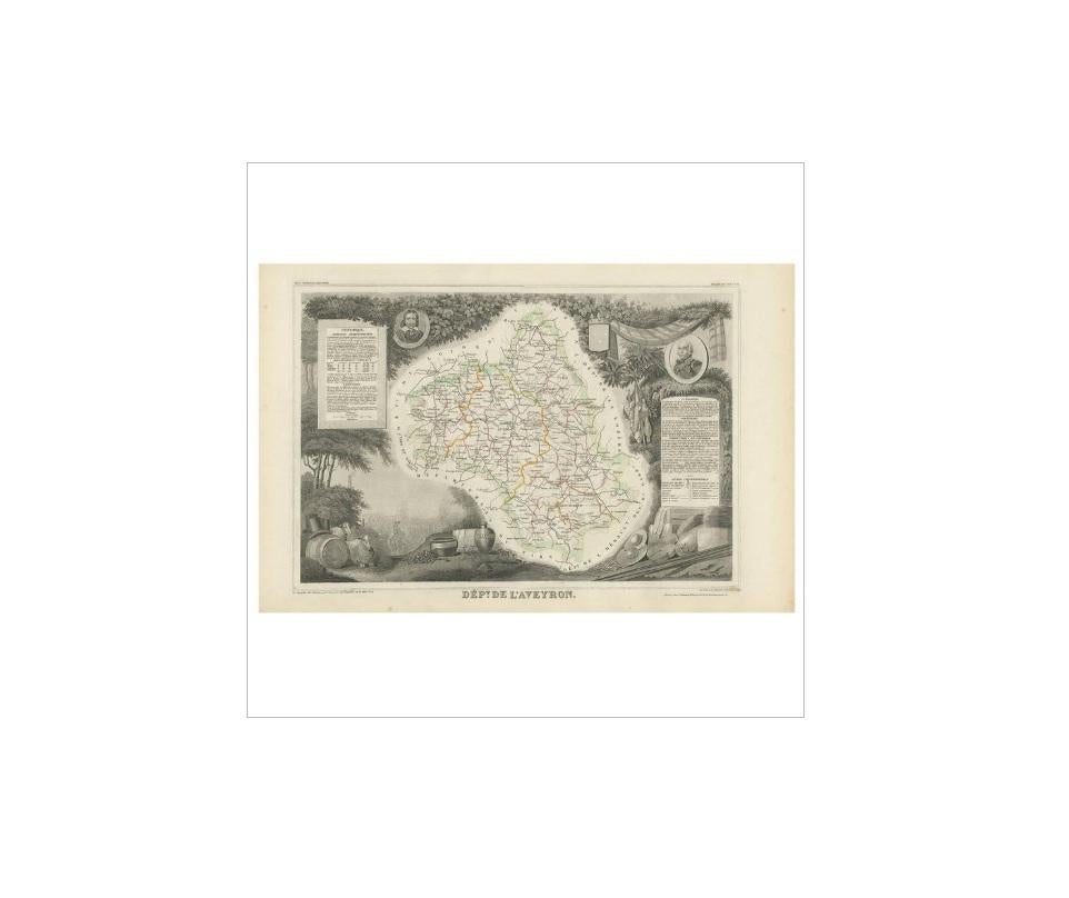 Antique map titled 'Dépt. de 'l'Aveyron'. Map of the French department of Aveyron, France. This area of France, centred on Rodez, is famous for its production of Roquefort, a flavorful ewe's milk blue cheese. This region is also known for the