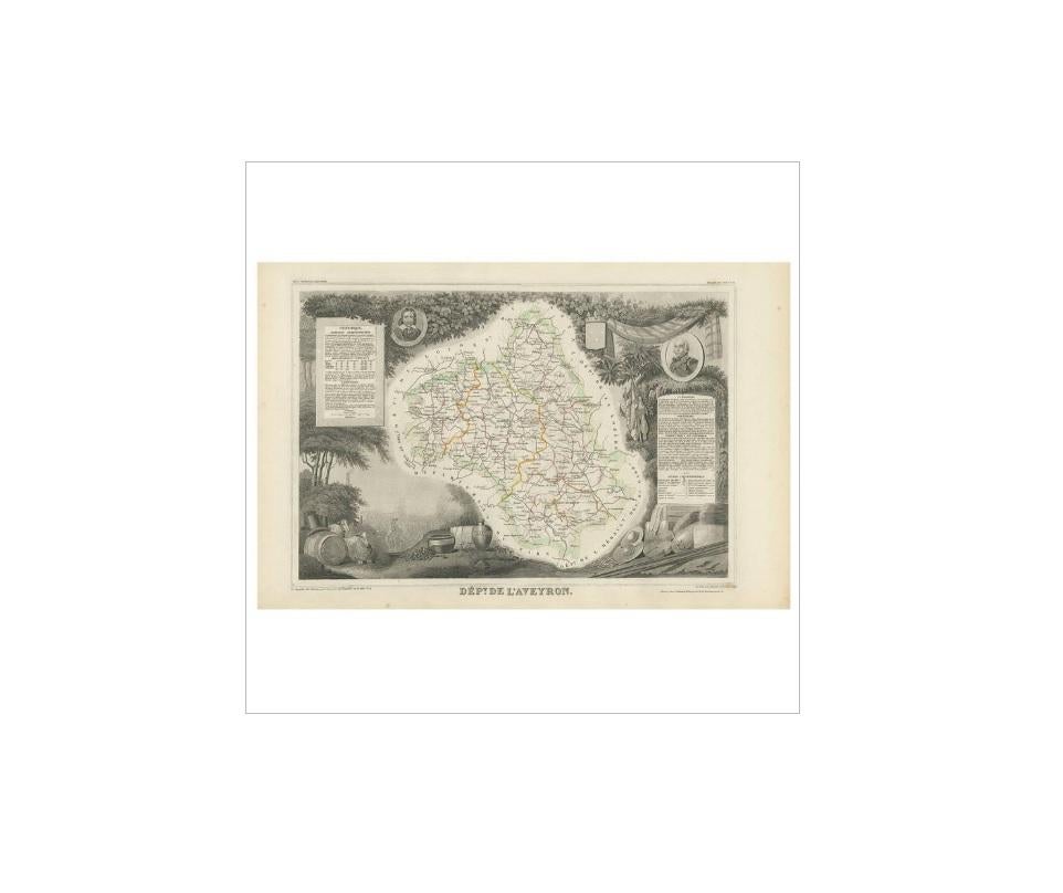 Carta geografica antica intitolata 'Dépt. de 'l'Aveyron'. Mappa del dipartimento francese dell'Aveyron, Francia. Questa zona della Francia, incentrata su Rodez, è famosa per la produzione del Roquefort, un saporito formaggio blu di latte di pecora.