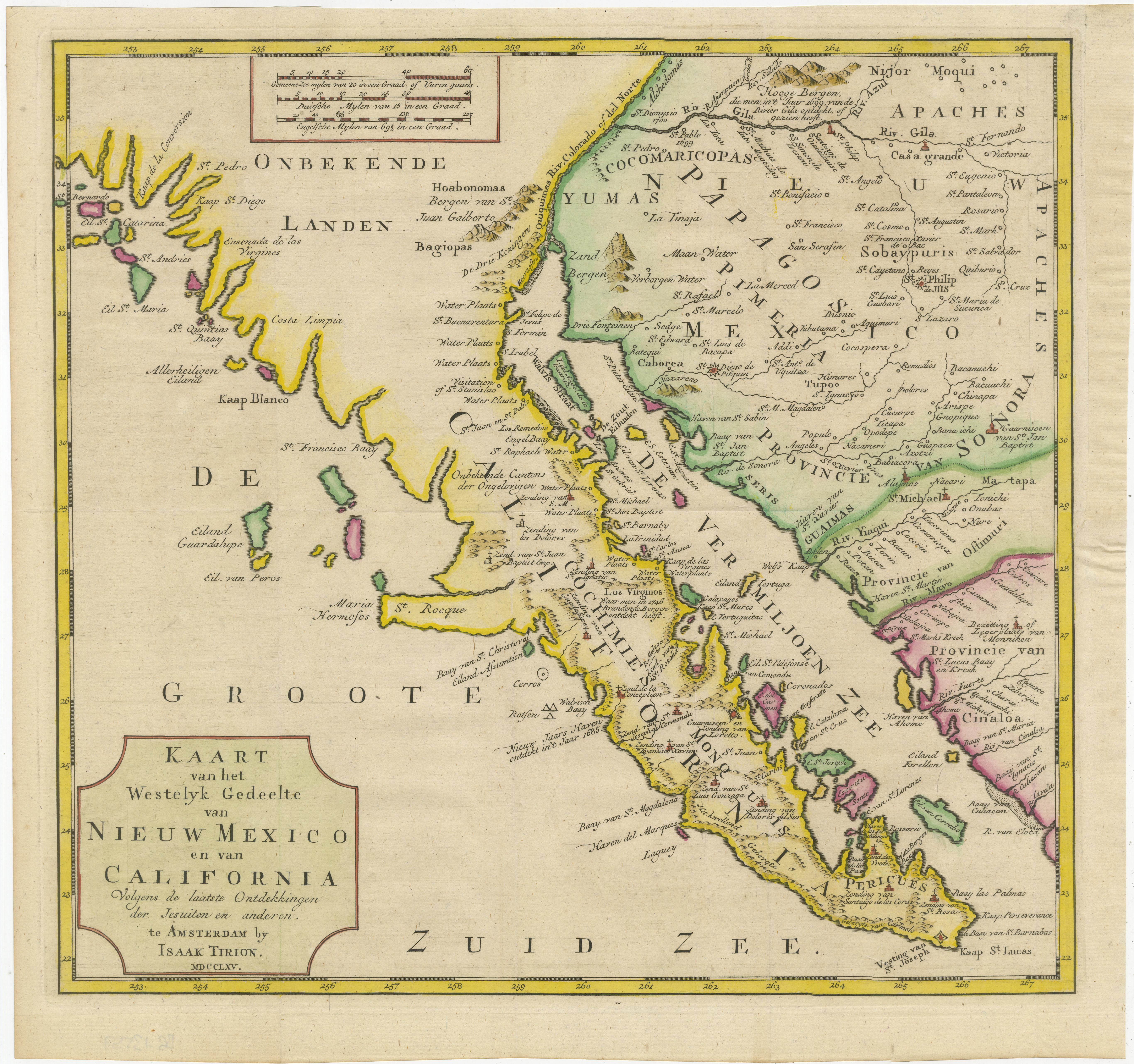 Antique map titled 'Kaart van het Westelyk Gedeelte van Nieuw Mexico en van California'. Beautiful map of Baja California and parts of Alta California, Arizona and Sonora. Isaac Tirion's map of Baja California is one of the best mid-18th century