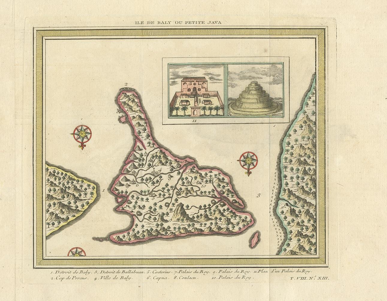 Antique map titled 'Ile de Baly ou petite Java'. Map of Bali, Indonesia. The map depicts the island from the north with Java to the right and Lombok to the left. Illustrated with an inset of the Royal Palace and a Balinese temple.