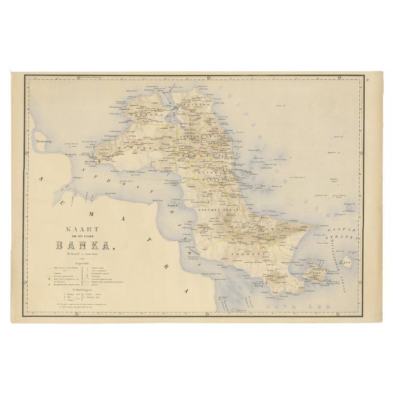 Carte ancienne de l'île de Bangka, Indonésie, 1885