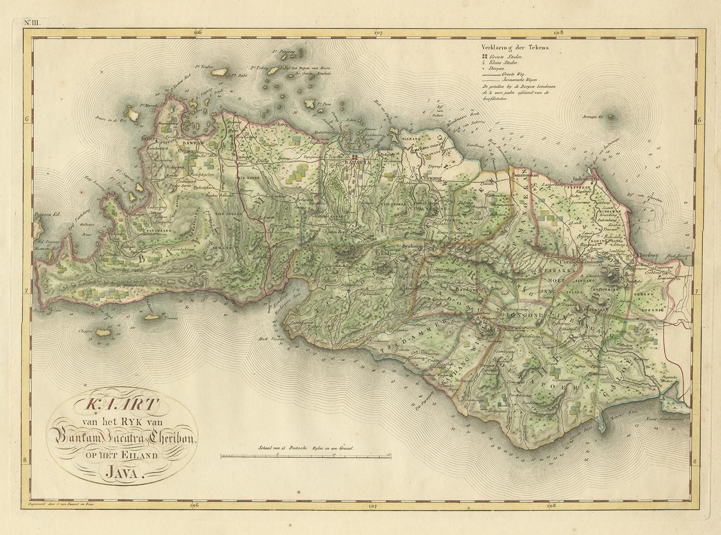 Antique map titled 'Kaart van het Ryk van Bantam, Jacatra, Cheribon op het Eiland Java'. Rare and attractive map of the three most easterly provinces of Java (Bantam, Jakarta and Cirebon). One of 12 maps from 'Atlas van Overzeesche bezittingen'