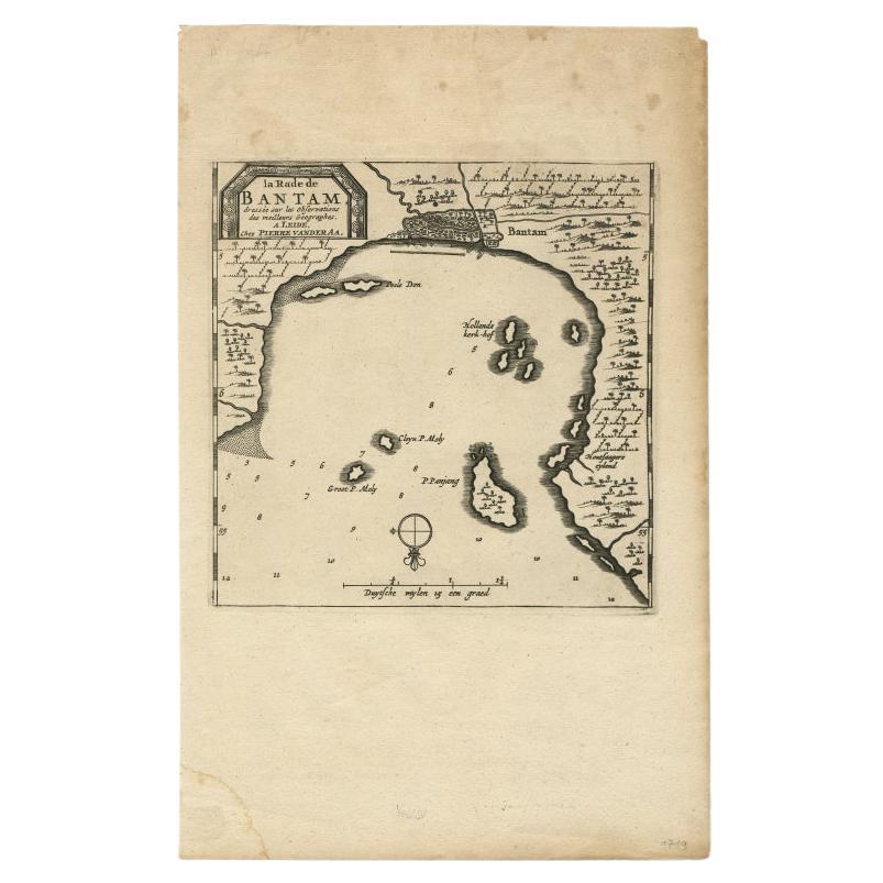 Antique map titled 'La Rade de Bantam'. A small early 18th century black and white map of Banten Bay (or Bantam Bay), located near the northwest coast of Java. Published by P. van der Aa, circa 1720.

Artists and Engravers: Apprenticed at the age