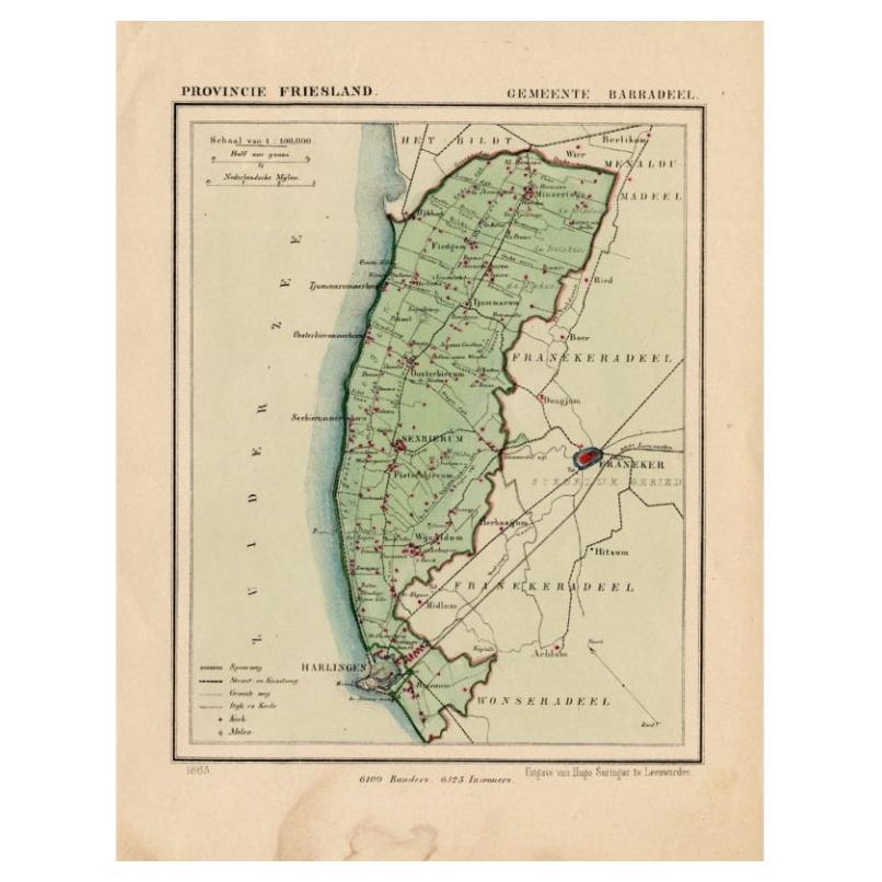 Antique Map of Barradeel, a County in Friesland, The Netherlands, 1868 For Sale