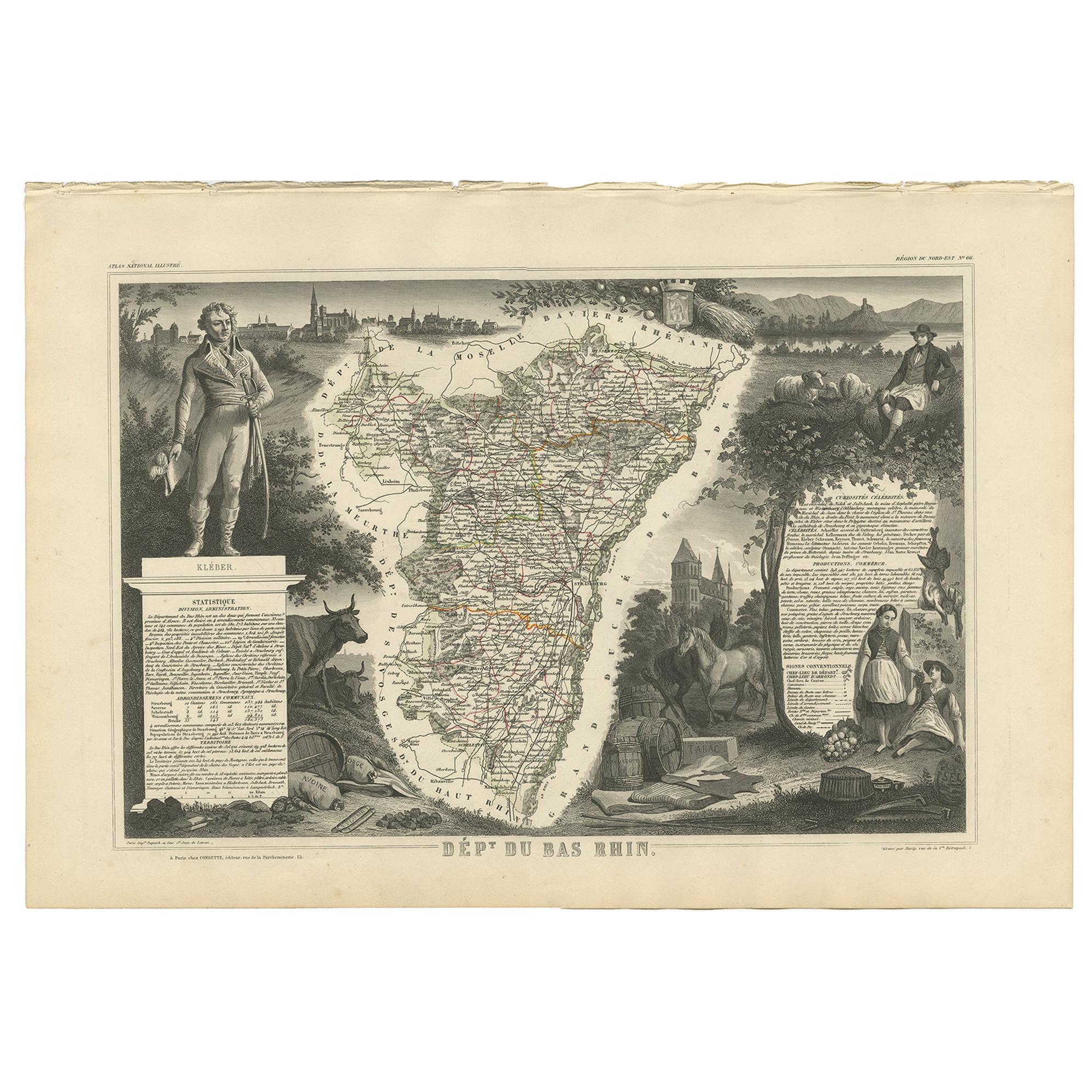 Antique Map of Bas-Rhin ‘France’ by V. Levasseur, 1854 For Sale