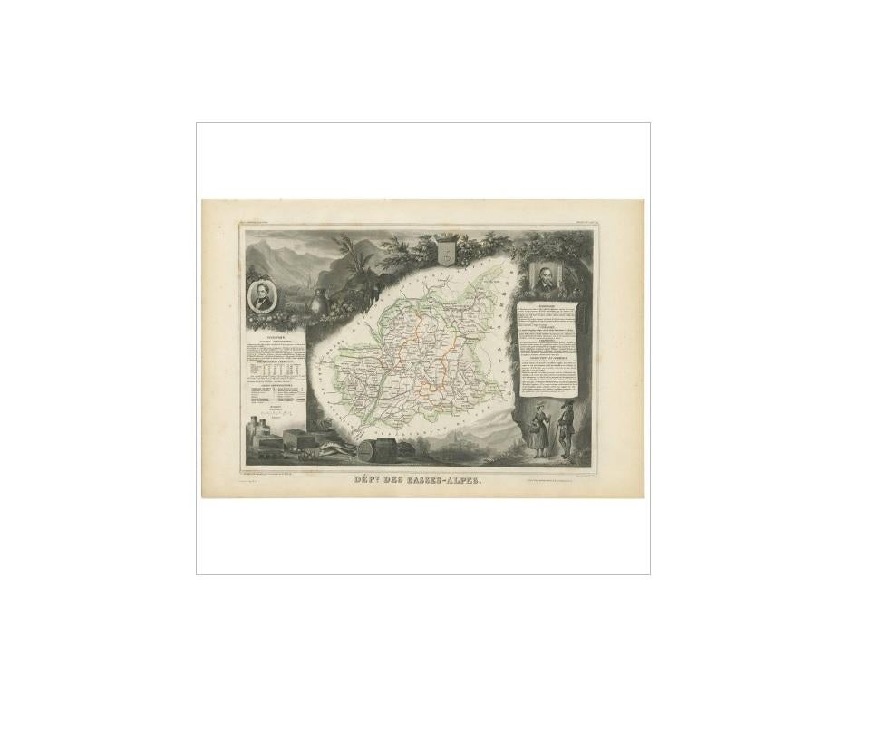Antique map titled 'Dépt. des Basses-Alpes'. Map of the French department of Basses-Alpes, France. The whole is surrounded by elaborate decorative engravings designed to illustrate both the natural beauty and trade richness of the land. There is a