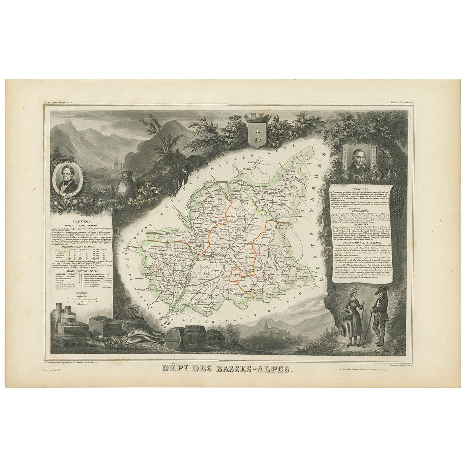 Antique Map of Basses-Alpes ‘France’ by V. Levasseur, 1854