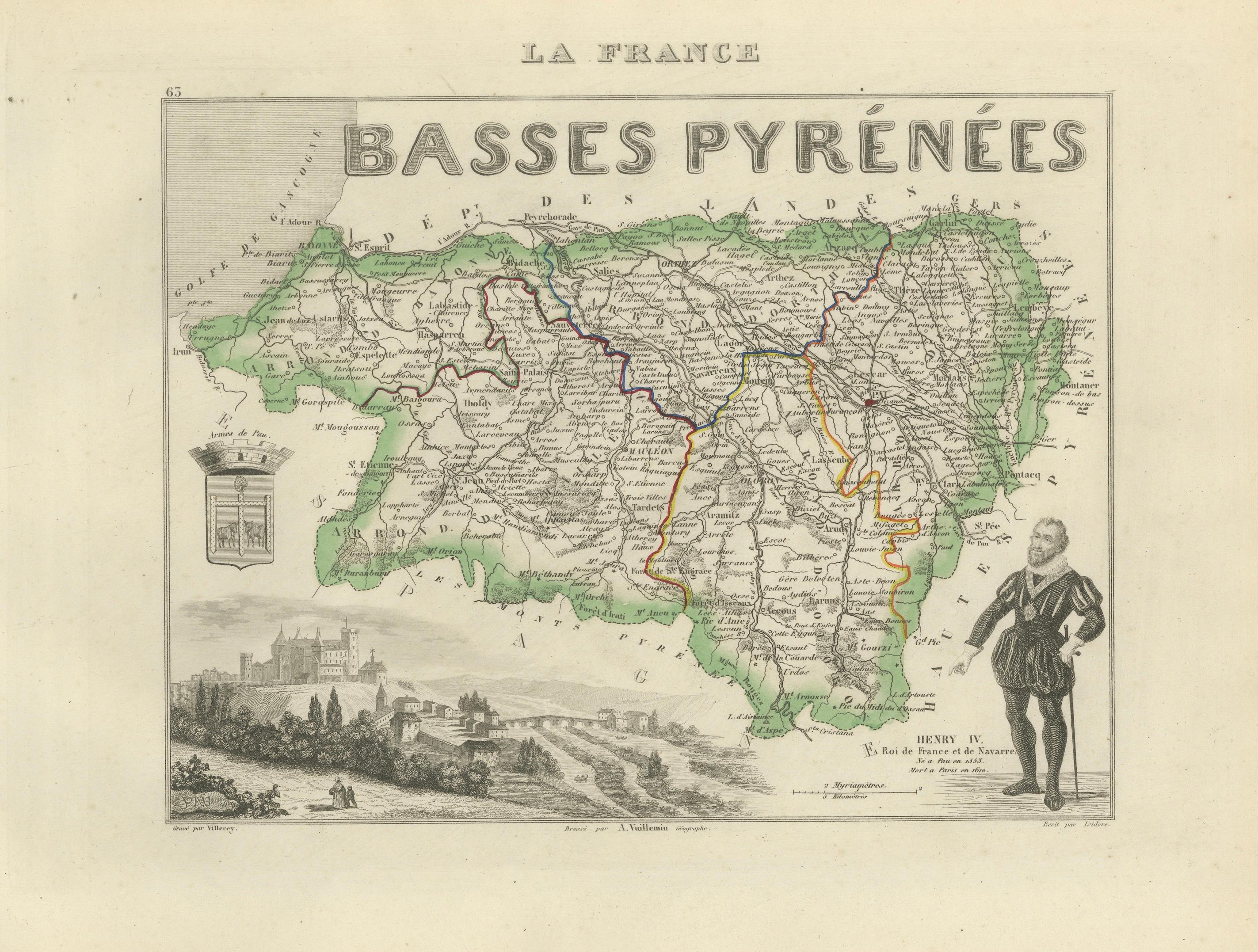 Antique Map of Basses-Pyrénées, France by Vuillemin, circa 1850