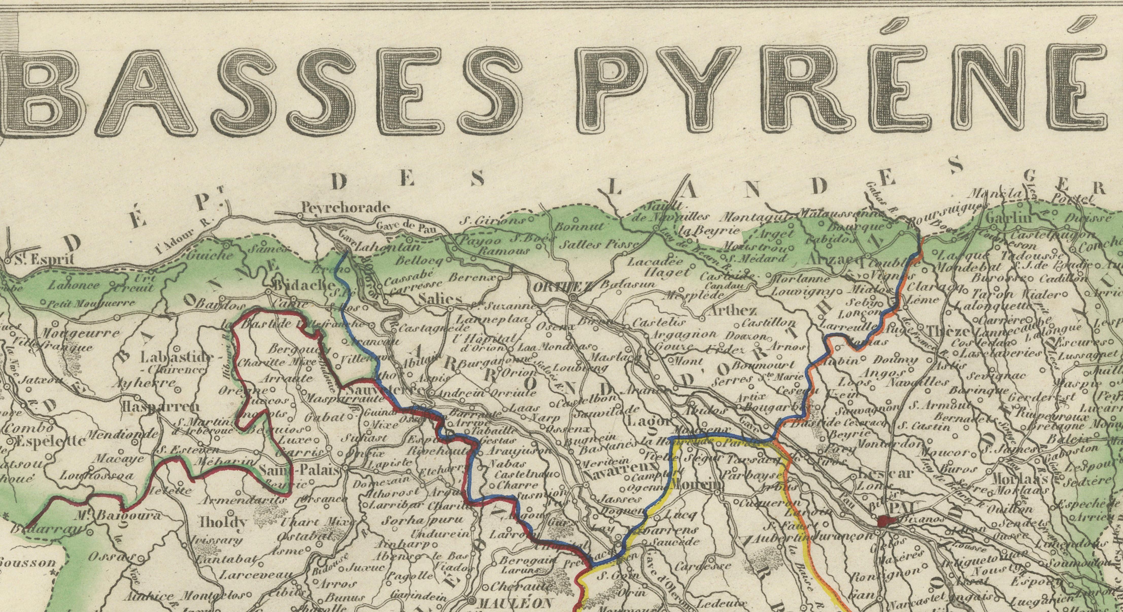Antique Map of Basses-Pyrénées, France by Vuillemin, circa 1850