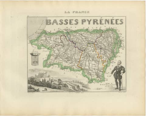Antique Map of Basses-Pyrénées, France by Vuillemin, circa 1850