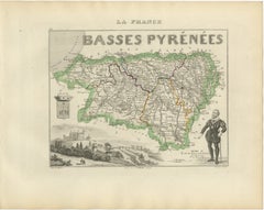 Antique Map of Basses-Pyrénées, France by Vuillemin, circa 1850