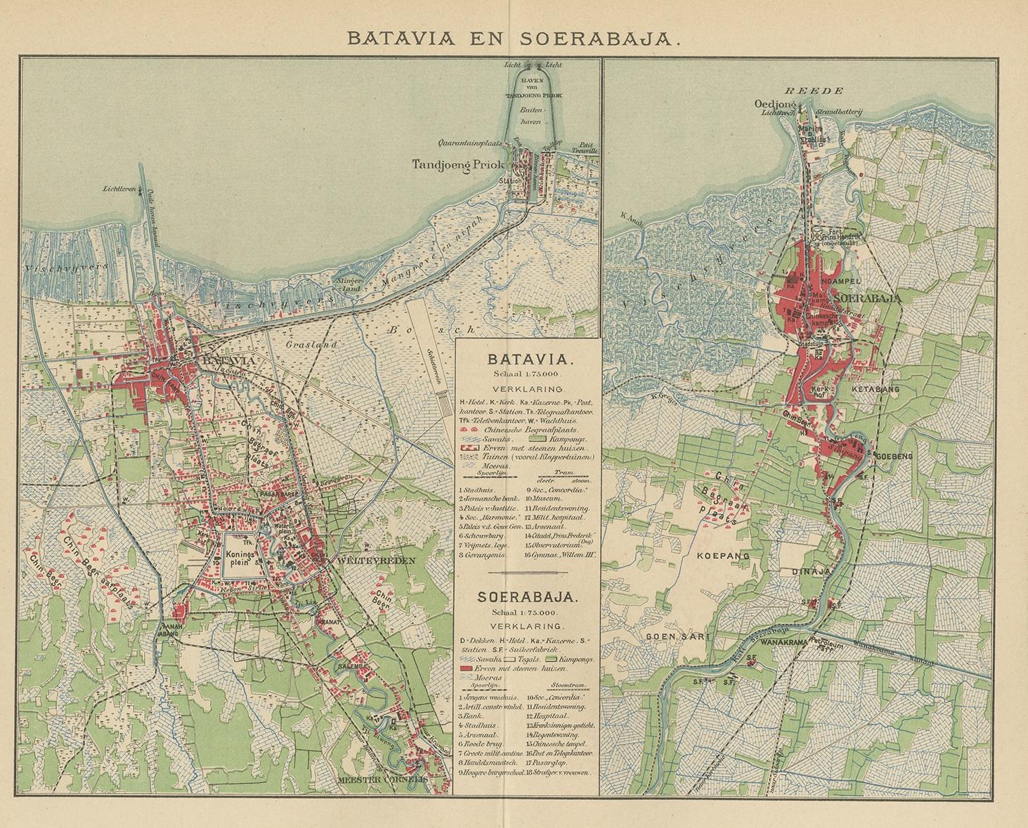 Antique map titled 'Batavia en Soerabaja'. Detailed plan of Batavia (Jakarta) and Soerabaja (Surabaya), Indonesia. The plans include important places like Tandjoeng Priok, Oedjong, Weltevreden, Ngampel, Keta Bang, Goebeng, Koepang, Goen Sari and
