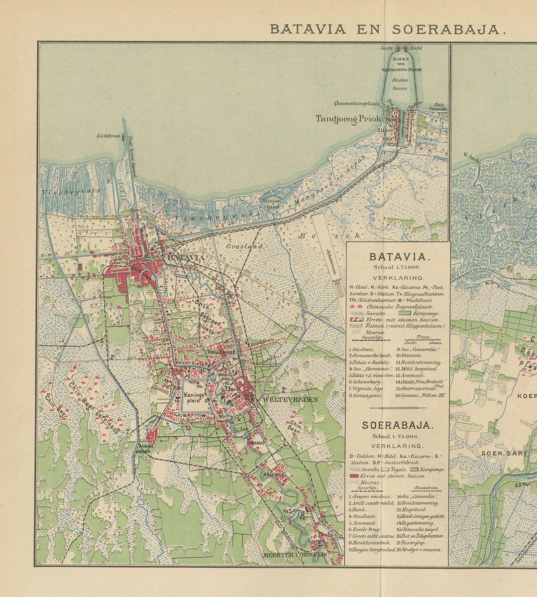 Antike Karte von Batavia und Surabaya von Winkler Prins:: 1905 im Zustand „Gut“ im Angebot in Langweer, NL