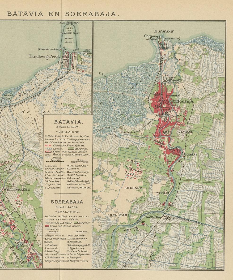 Antike Karte von Batavia und Surabaya von Winkler Prins:: 1905 (20. Jahrhundert) im Angebot