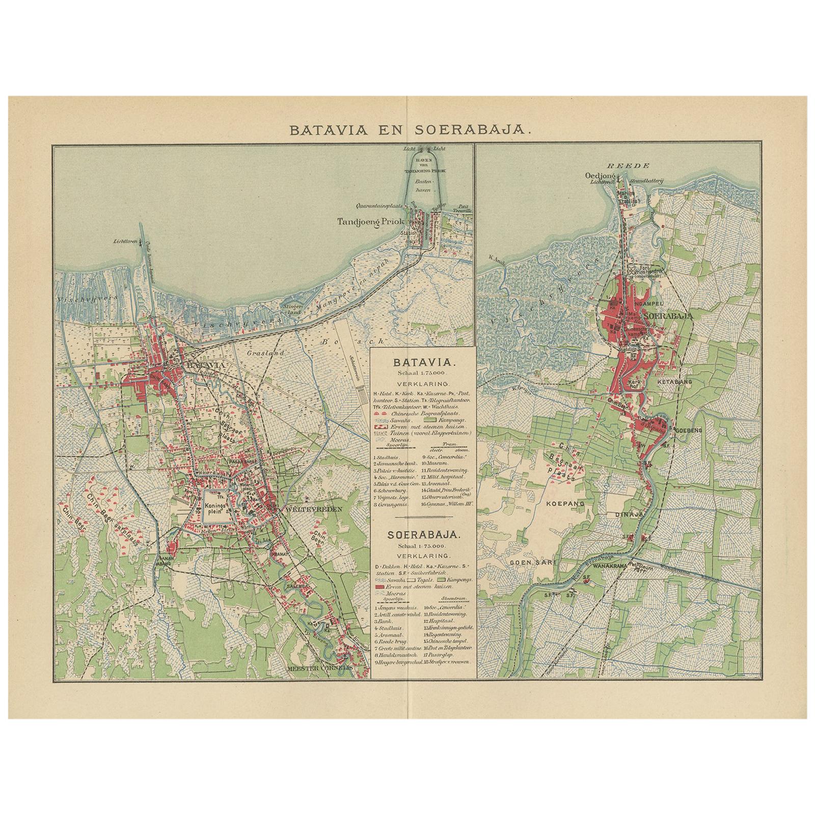 Antique Map of Batavia and Surabaya by Winkler Prins, 1905 For Sale
