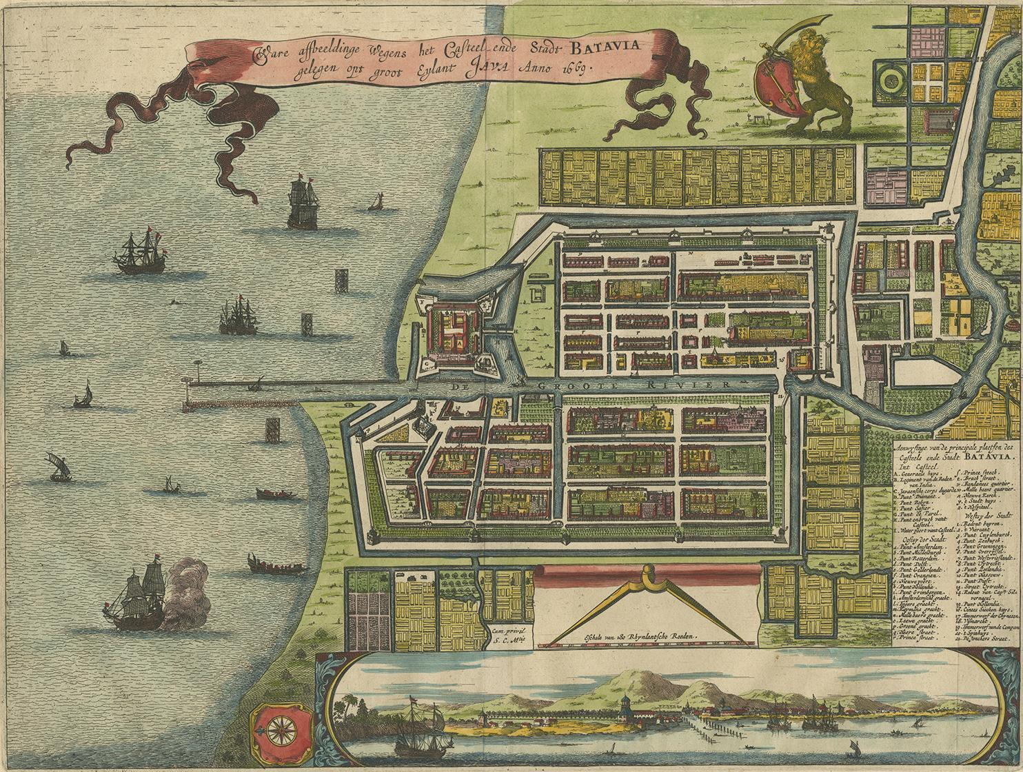 Bella pianta antica di Batavia (Giacarta), pubblicata da Arnoldus Montanus. Questa mappa presenta una vignetta in basso che mostra Giacarta dal mare con i vulcani Monte Gede, Monte Pangrnago e Monte Salak sullo sfondo. La pianta si basa sulla