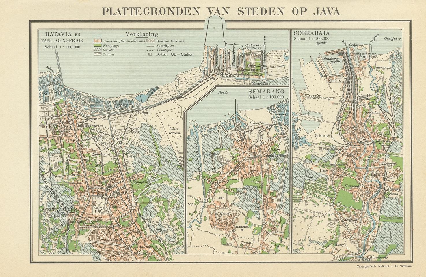 Antique map titled 'Plattegronden van Steden op Java'. Old map with plans of Batavia (Jakarta), Semarang and Surabaya (Soerabaja)'. Published by J.B. Wolters.
