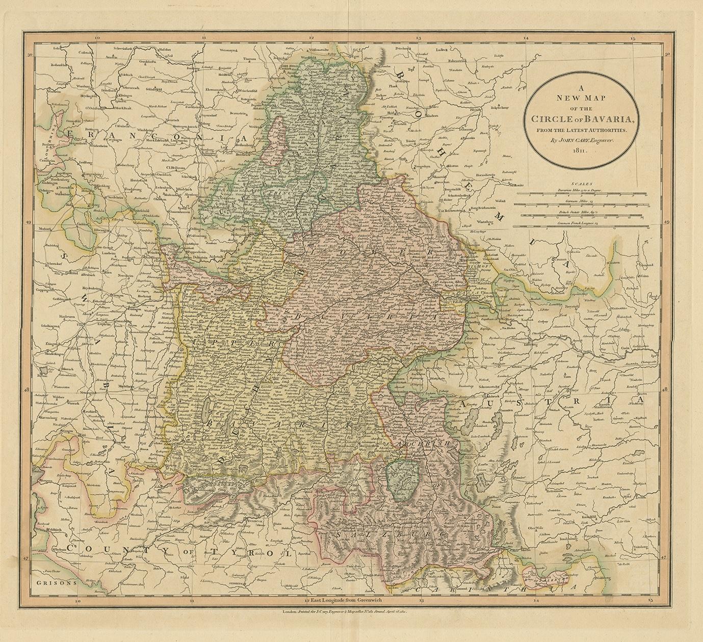 Antique map titled 'A New Map of the Circle of Bavaria'. Antique map of Bavaria and Salzburg, Germany. Covers the Duchy of Bavaria and the mountainous Archbishopric of Salzburg as well as parts of Franconia, Swabia, Tyrol, Bohemia and Austria.