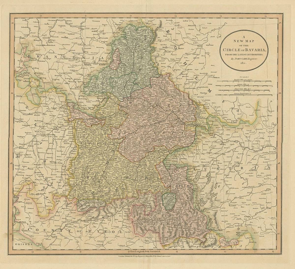 Antique Map of Bavaria and Salzburg by Cary, 1811