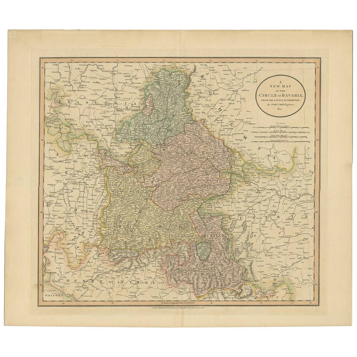 Antique Map of Bavaria and Salzburg by Cary, 1811