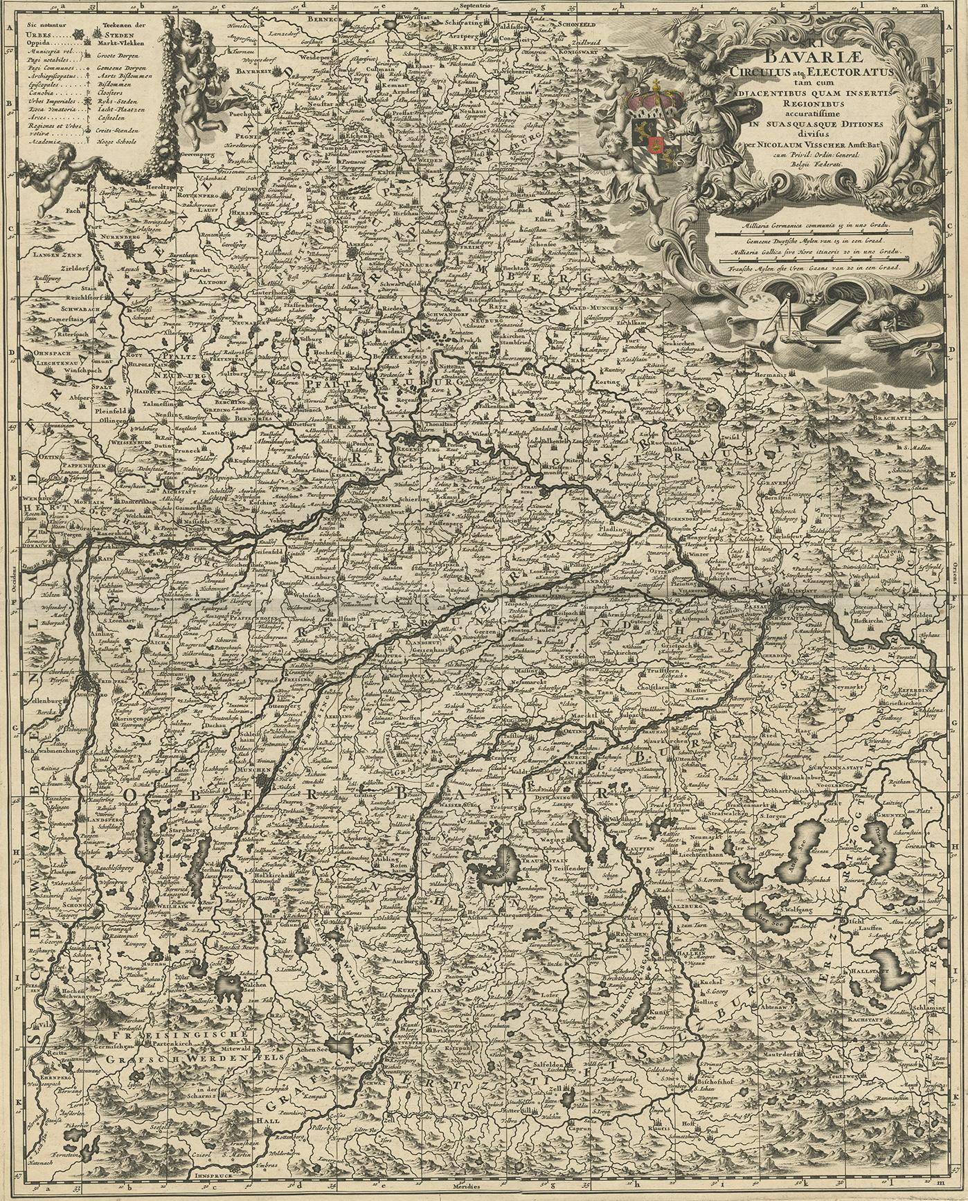 Antique map titled 'Bavariae Circulus atq Electoratus tam cum Adiacentibus quam insertis Regionibus (..)'. Dutch map of Bavaria, showing the many cities, towns, and other features of this historically-significant part of Germany. The map stretches