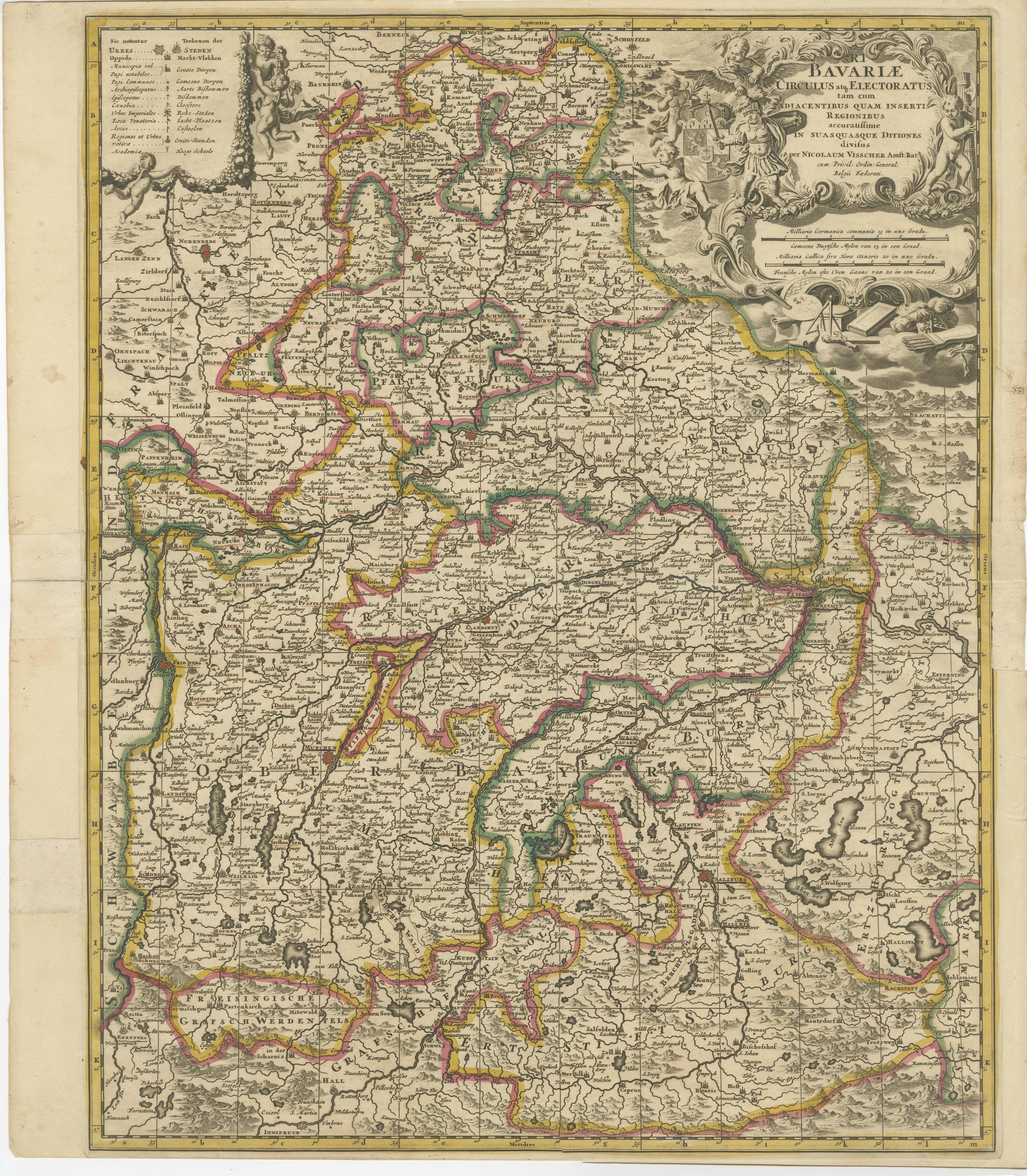 Antique map titled 'Bavariae Circulus atq Electoratus tam cum Adiacentibus quam insertis Regionibus'. Original old map of Bavaria, Bayern, Germany. The map stretches south to Innsbruck and north to Amberg. Also shown are Munich, Salzburg, Augsburg,