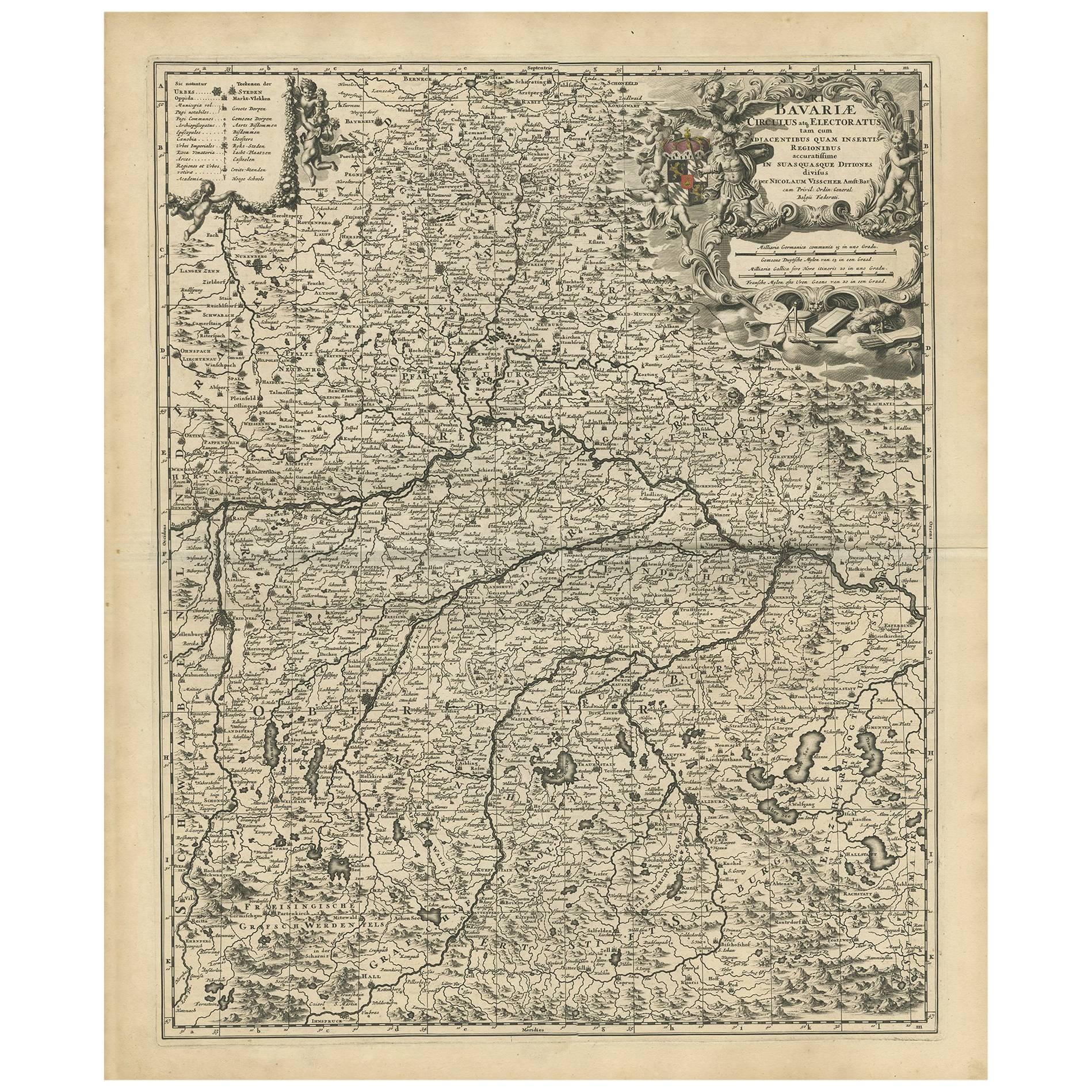 Mapa antiguo de Baviera con muchos detalles, Alemania