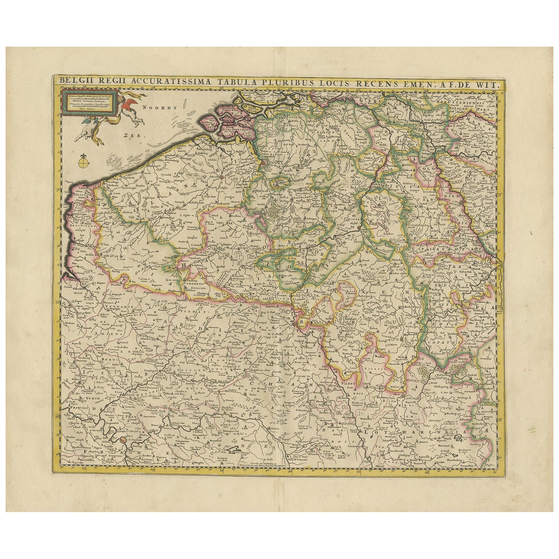 Antike Karte von Belgien und Nordfrankreich von F. de Wit, um 1680