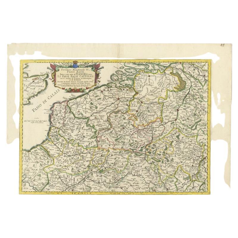 Antique map titled 'Provincie Meridionali de Paesi Bassi Intese sotto nome di Fiandra overo Li Paesi Bassi Cattolici con li confini di Francia di Allemagna et di Hollanda'. Uncommon map of Belgium with large parts of Zeeland and Brabant, the