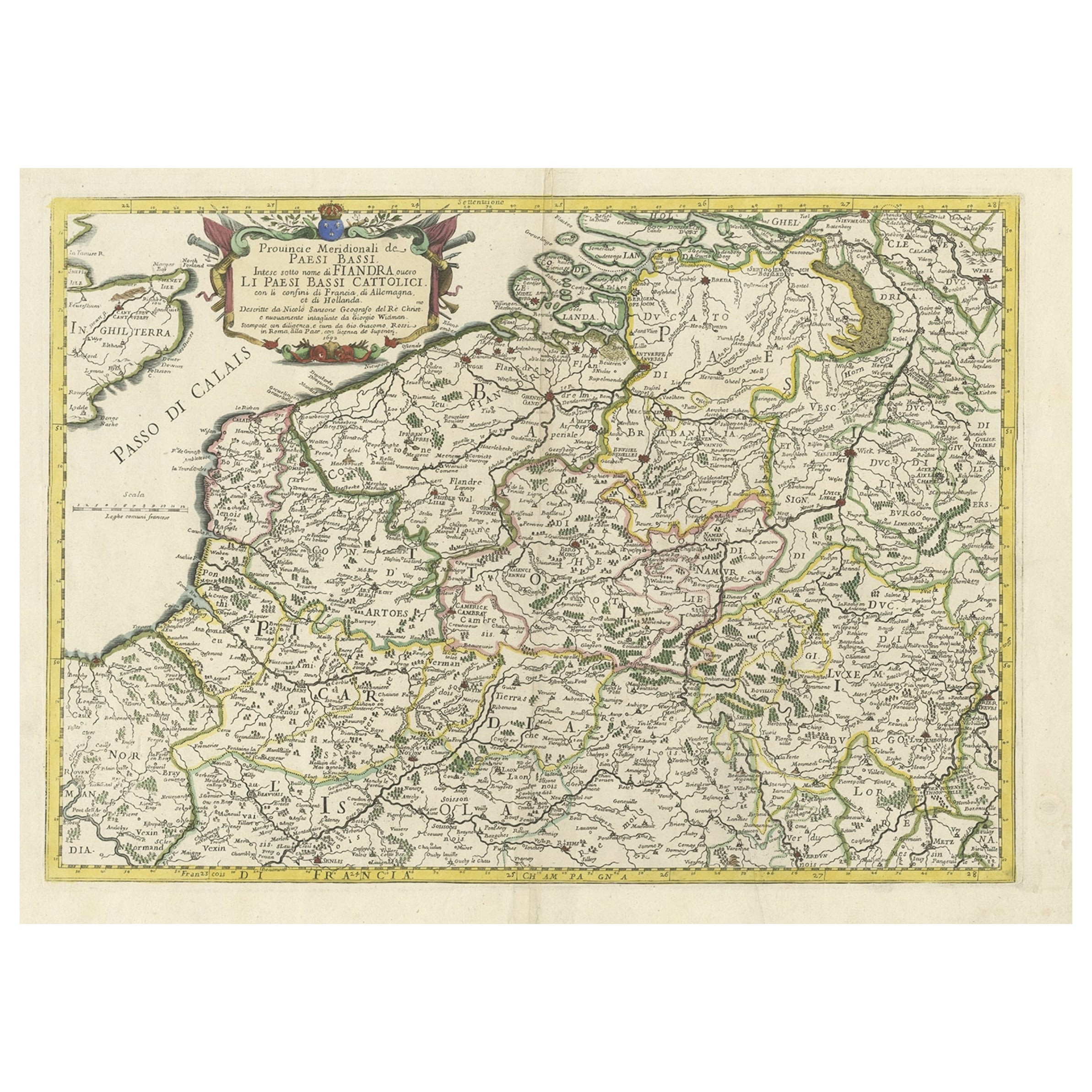 Carte ancienne de Belgique et d'entourages, 1692 en vente
