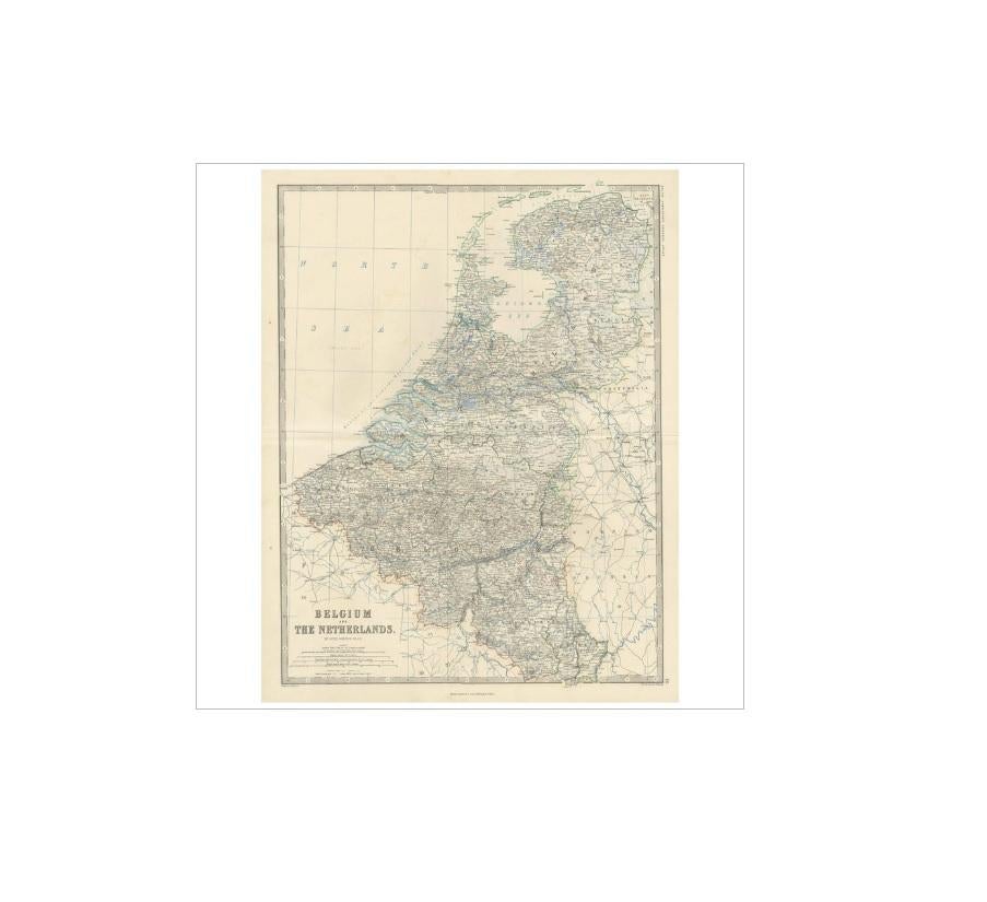 Carte ancienne de Belgique et des Pays-Bas par A.K. Johnston, 1865 Bon état - En vente à Langweer, NL