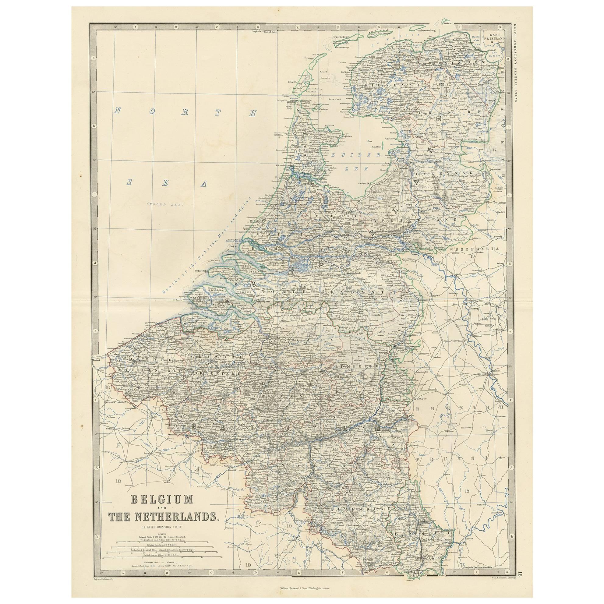 Antique Map of Belgium and The Netherlands by A.K. Johnston, 1865 For Sale