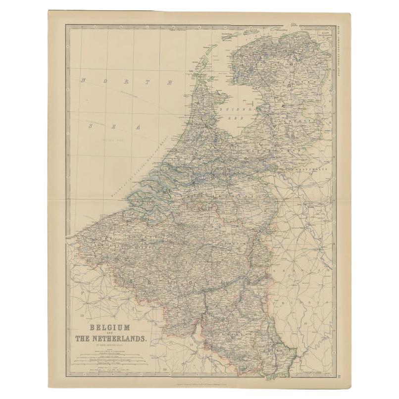 Mapa antiguo de Bélgica y los Países Bajos por Johnston, 1882