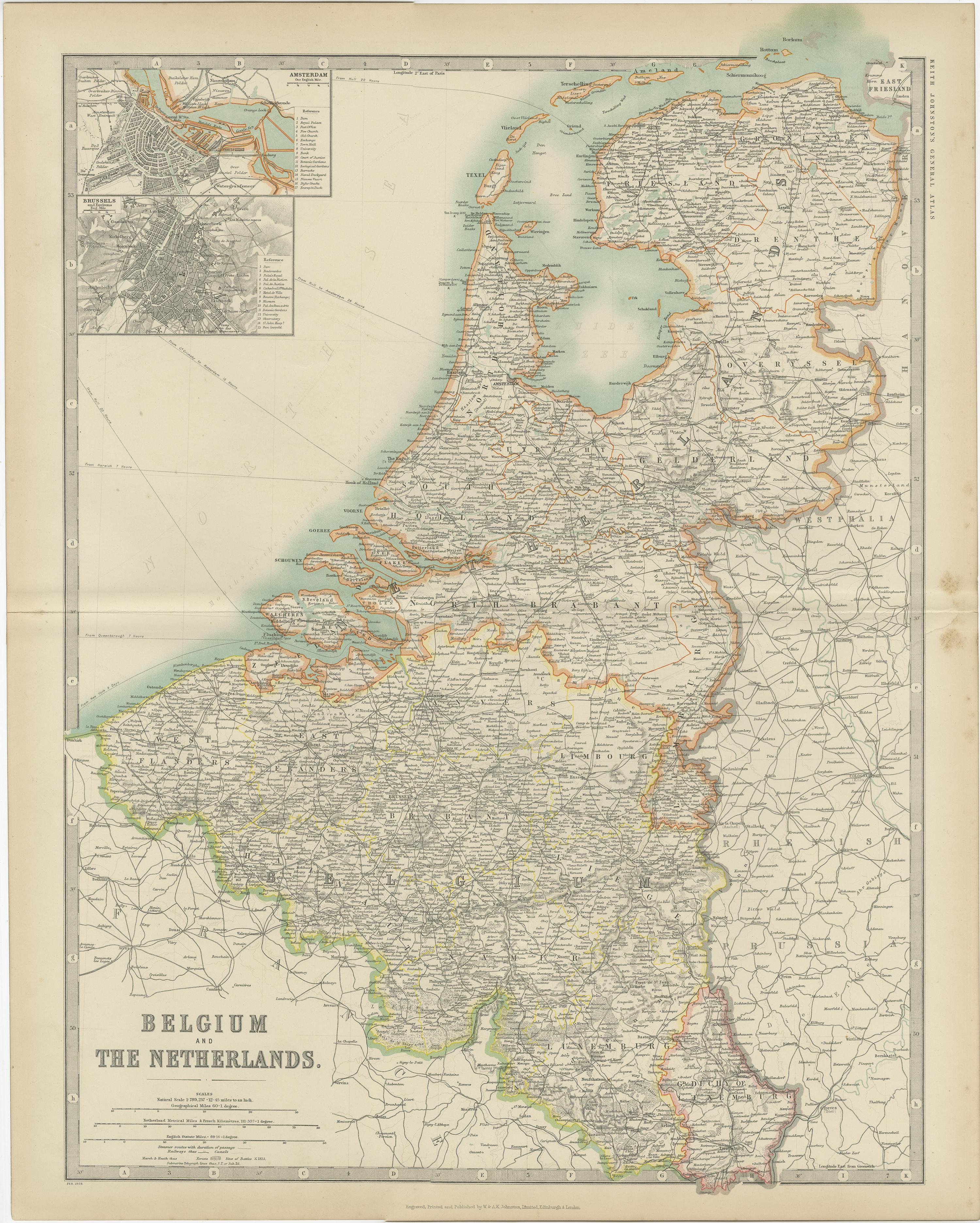 Antique map titled 'Belgium and The Netherlands'. Original antique map of Belgium and the Netherlands. With inset maps of Amsterdam and Brussels. This map originates from the ‘Royal Atlas of Modern Geography’. Published by W. & A.K. Johnston, 1909.