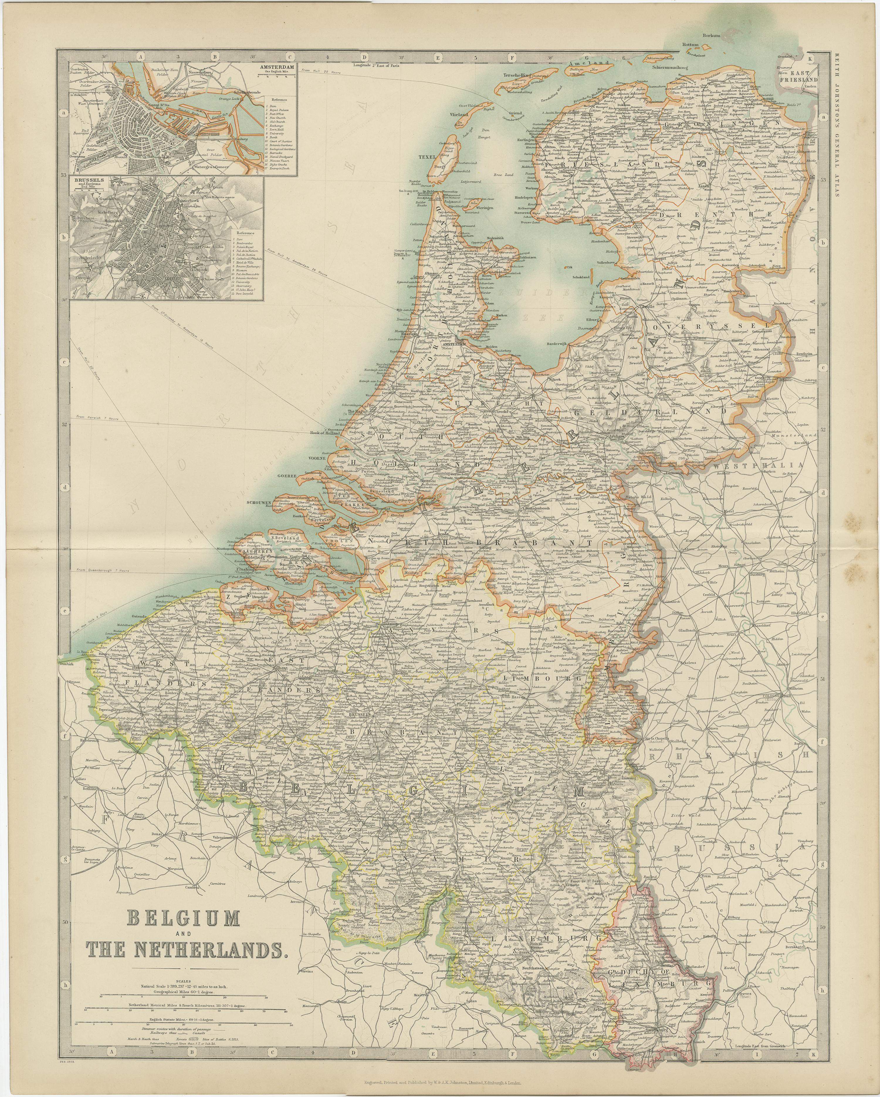 Carte ancienne de Belgique et des Pays-Bas par Johnston '1909' Bon état - En vente à Langweer, NL