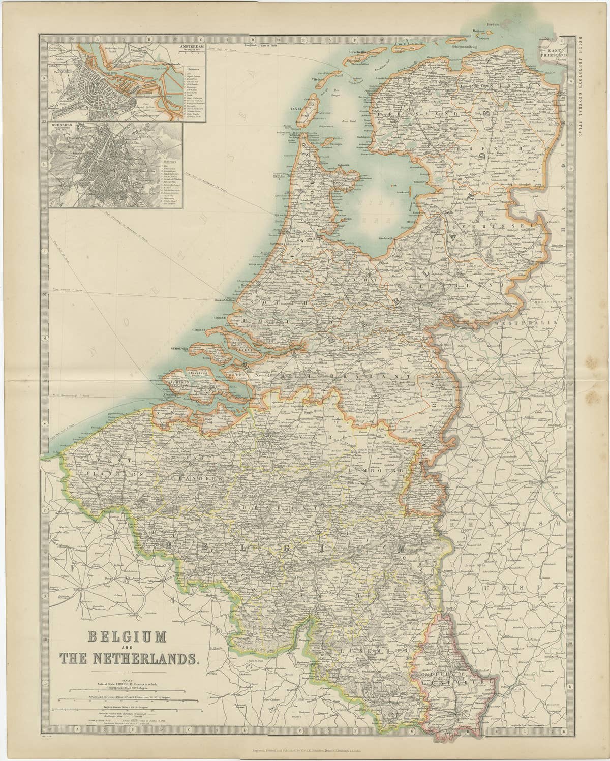 Antique Map of Belgium and the Netherlands by Johnston '1909'