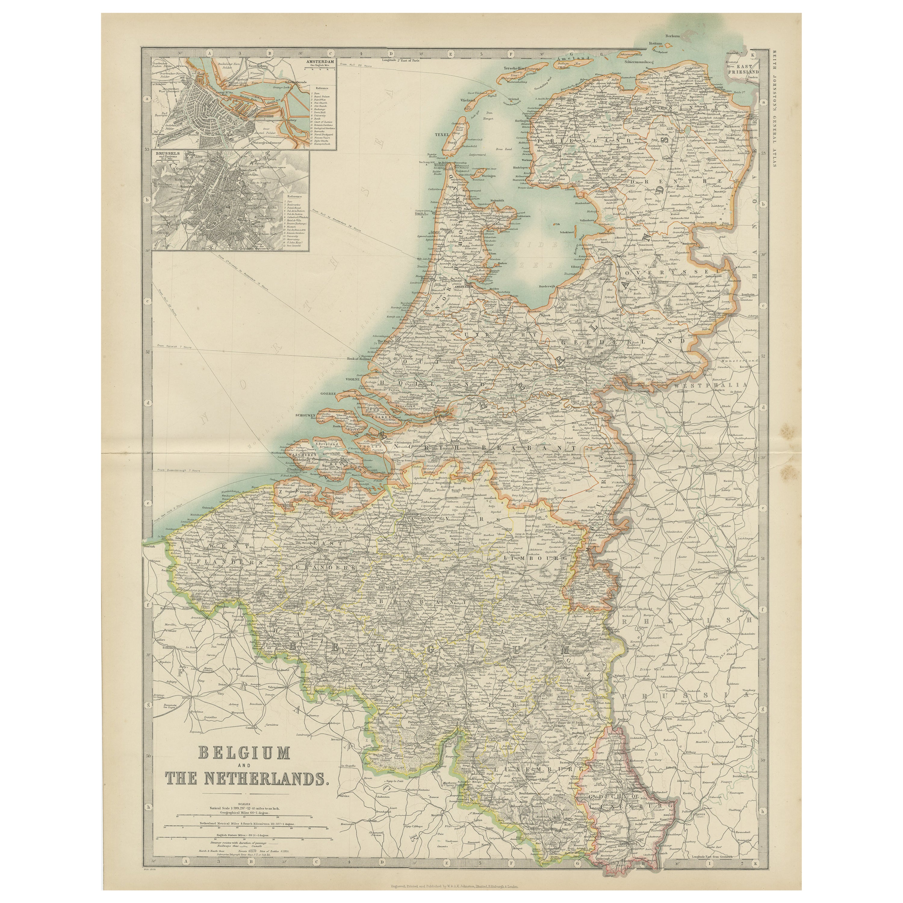 Carte ancienne de Belgique et des Pays-Bas par Johnston '1909'