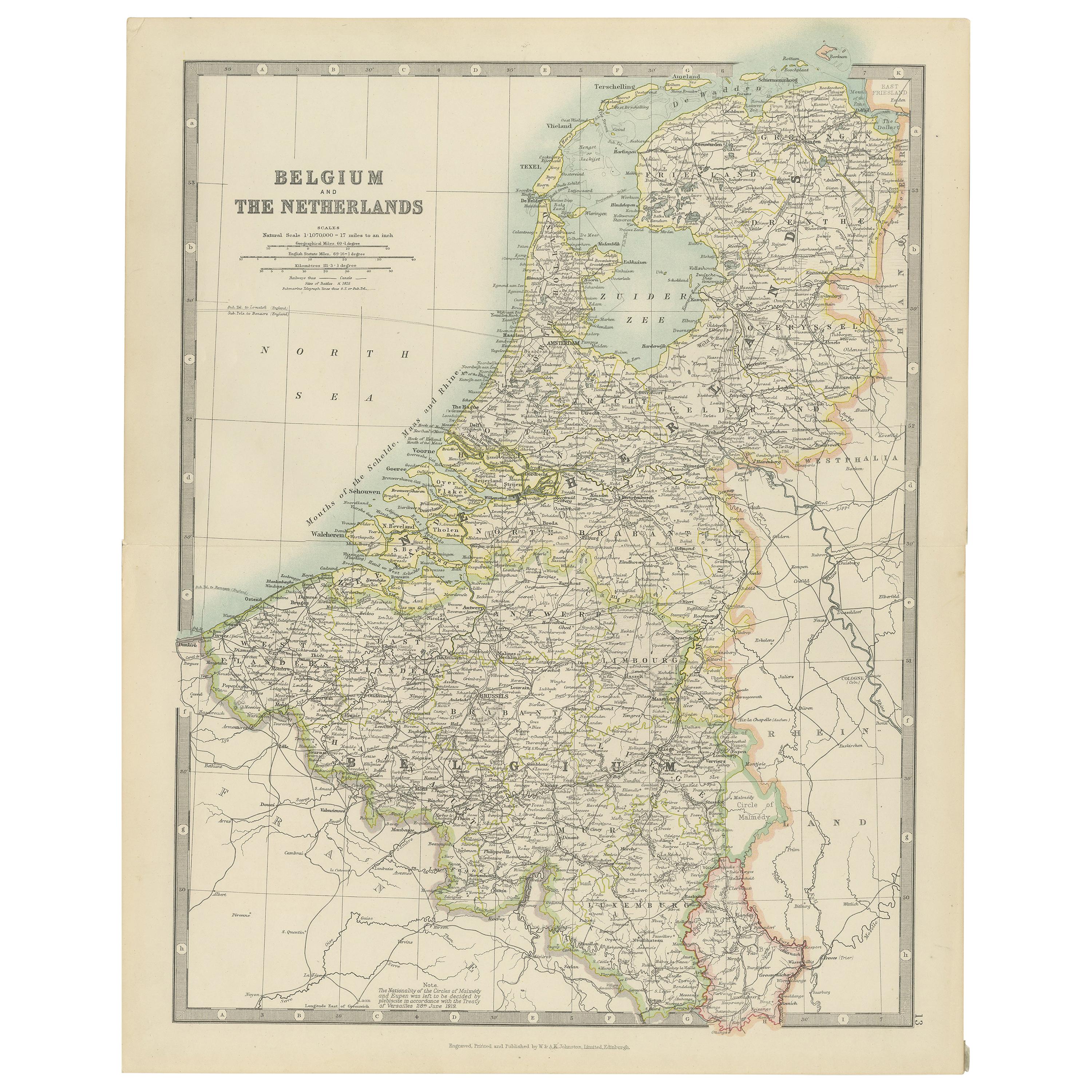 Carte ancienne de Belgique et des Pays-Bas par Johnston, datant d'environ 1920
