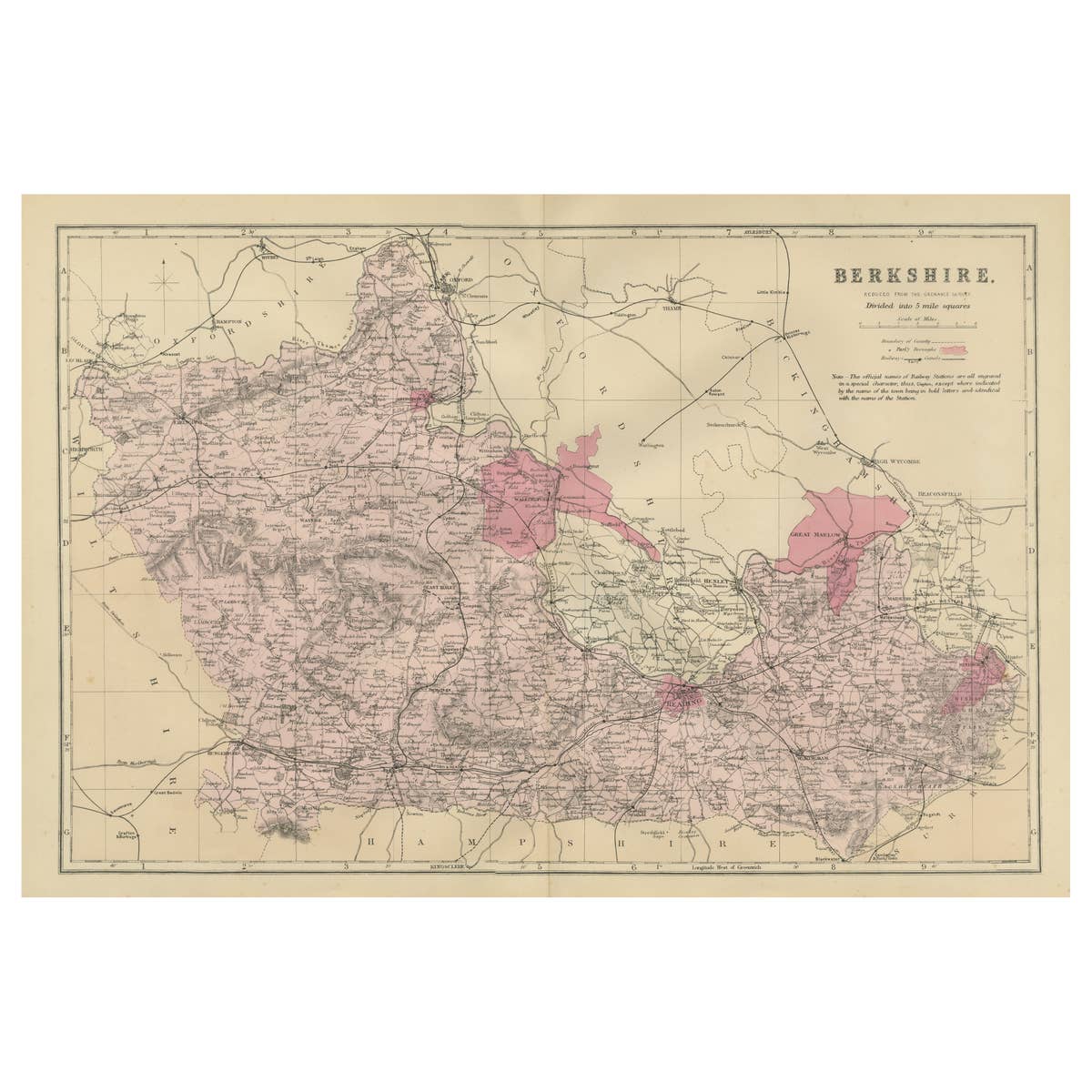 Antique Map of Berkshire, 1885 – Victorian Railways, Towns & County Detail