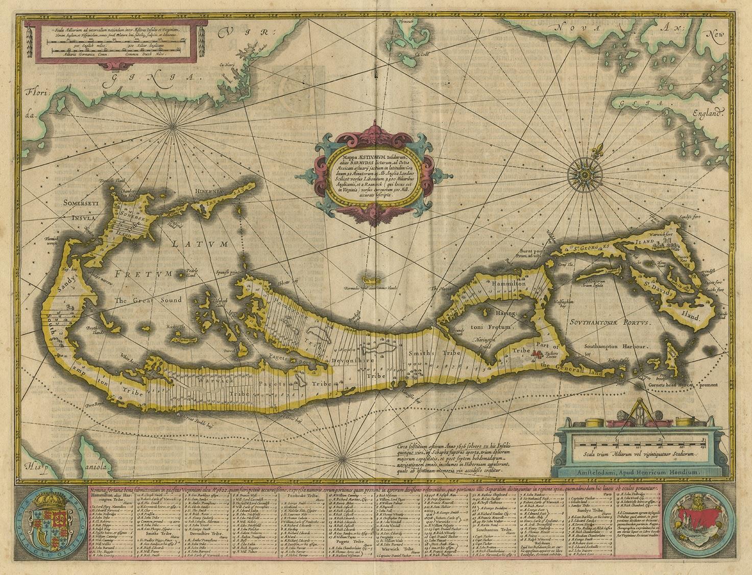 Antique map titled 'Mappa Aestivarum Insularum Alias Barmudas dictarum (..)'. Beautiful map of Bermuda, with decorative cartouche, compass rose, and other embellishments. The map is based upon John Norwood's survey of 1618, as first published by