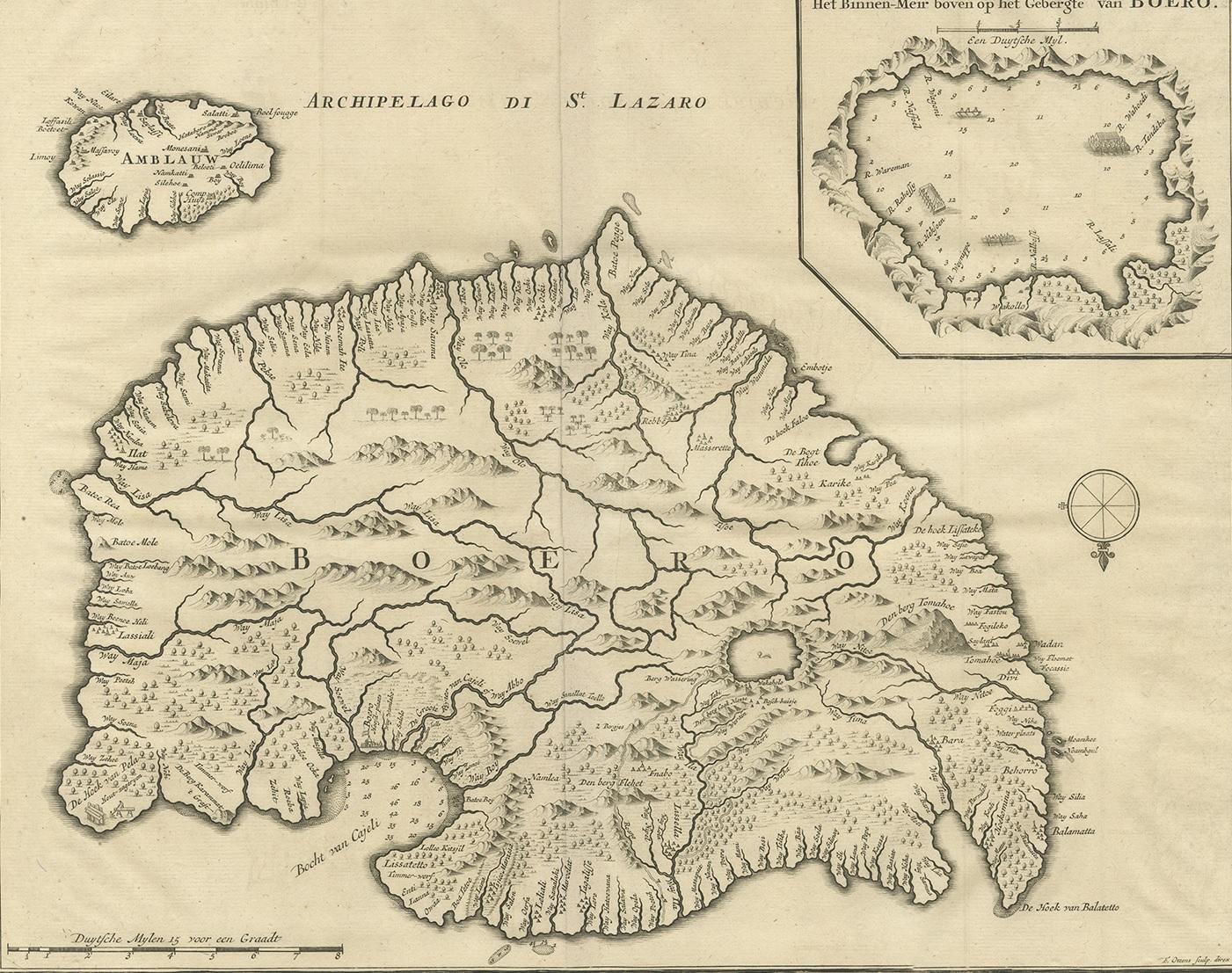 Antique map titled 'Boero-Amblauw'. Detailed map of the Island Ambelau and Buru, Maluku Islands, Indonesia. With an inset of the lake on the Buru mountains. This print originates from 'Oud en Nieuw Oost-Indiën' by F. Valentijn.
