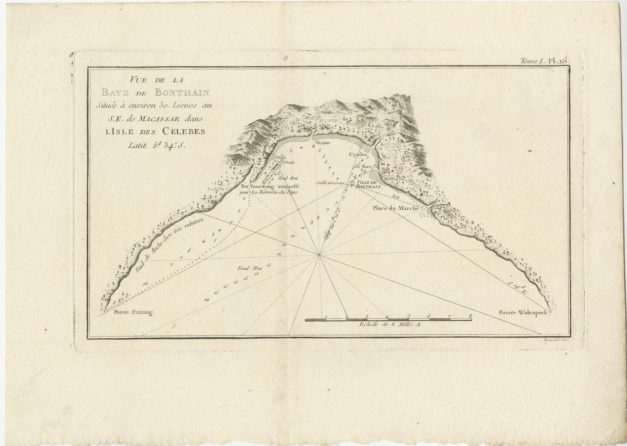 Antique map titled 'Vue de la Baye de Bonthain (..)'. Map of the island Sulawesi (Celebes), Indonesia that Philip Carteret rested his crew and made repairs to his ship the Swallow for 5 months. This map originates from the French edition of 'An