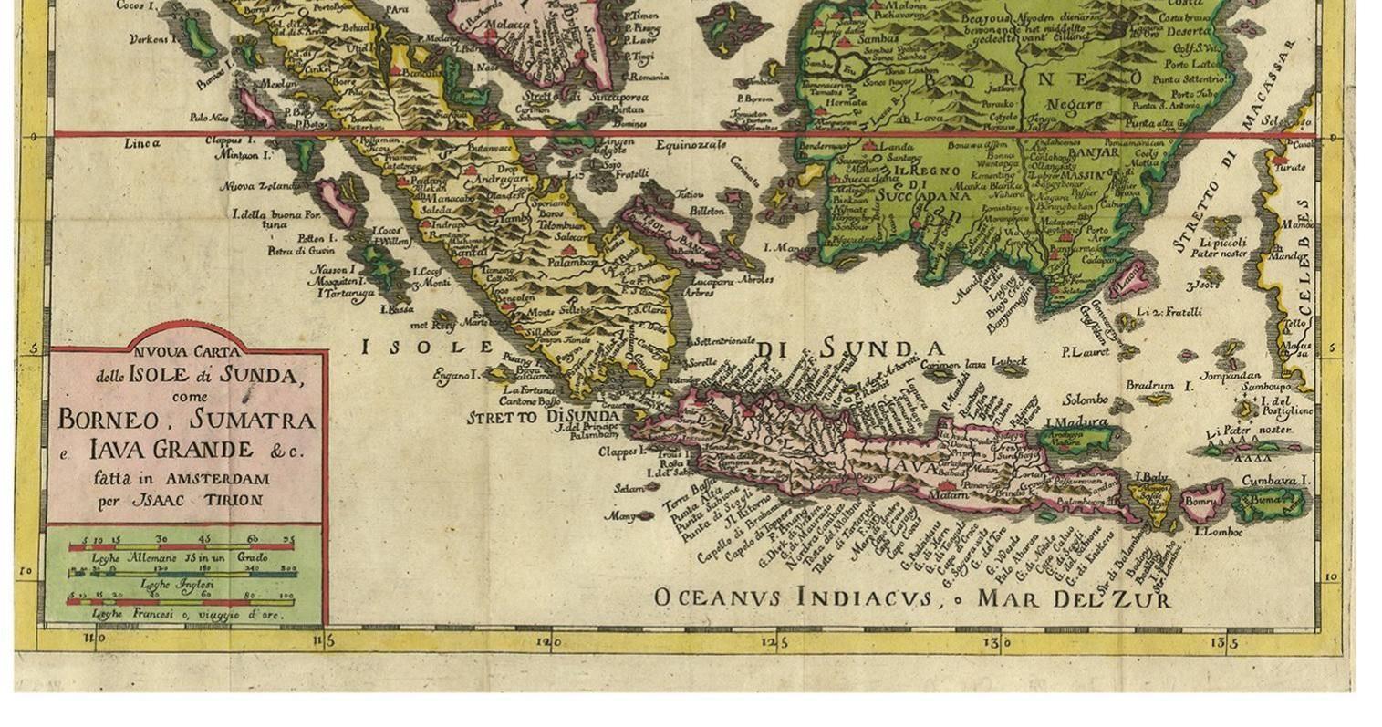 Detailed map, with beautiful hand-coloring, of Southeast Asia, extending from the tip of Cambodia to Java, centered on Singapore and the Straits of Malacca. This map originates from 'Atlante novissimo che contiene tutte le parti del mondo' by G.