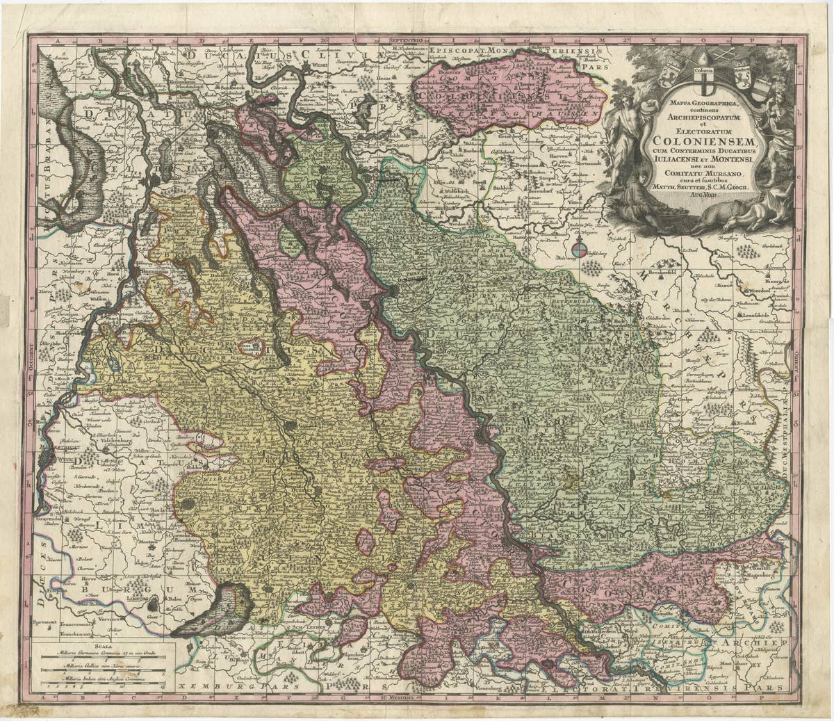 Antique Map of both sides of the Central Rhine River, Germany