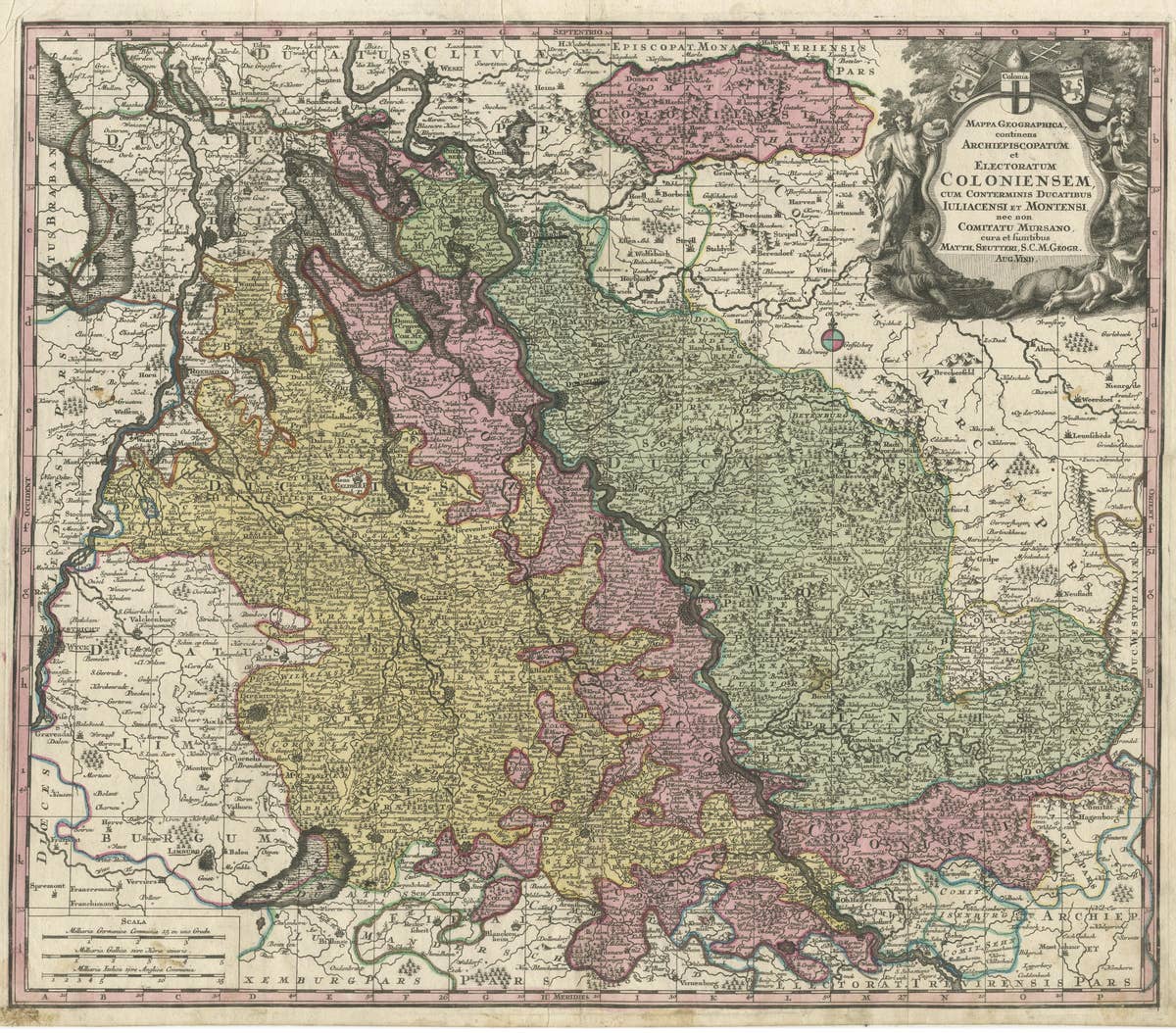 Antique Map of both sides of the Central Rhine River, Germany