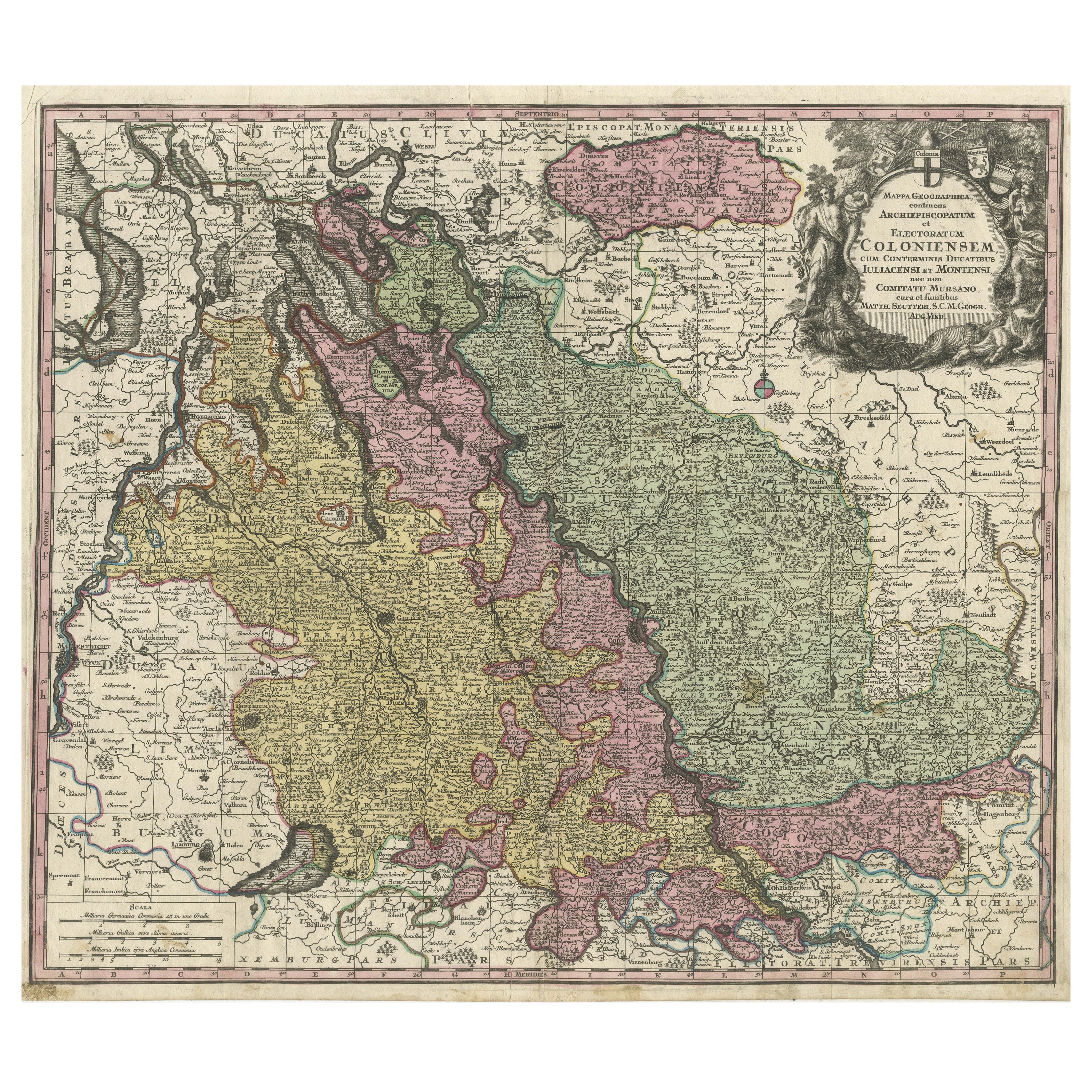 Carte ancienne des deux côtés de la rivière centrale du Rhin, Allemagne