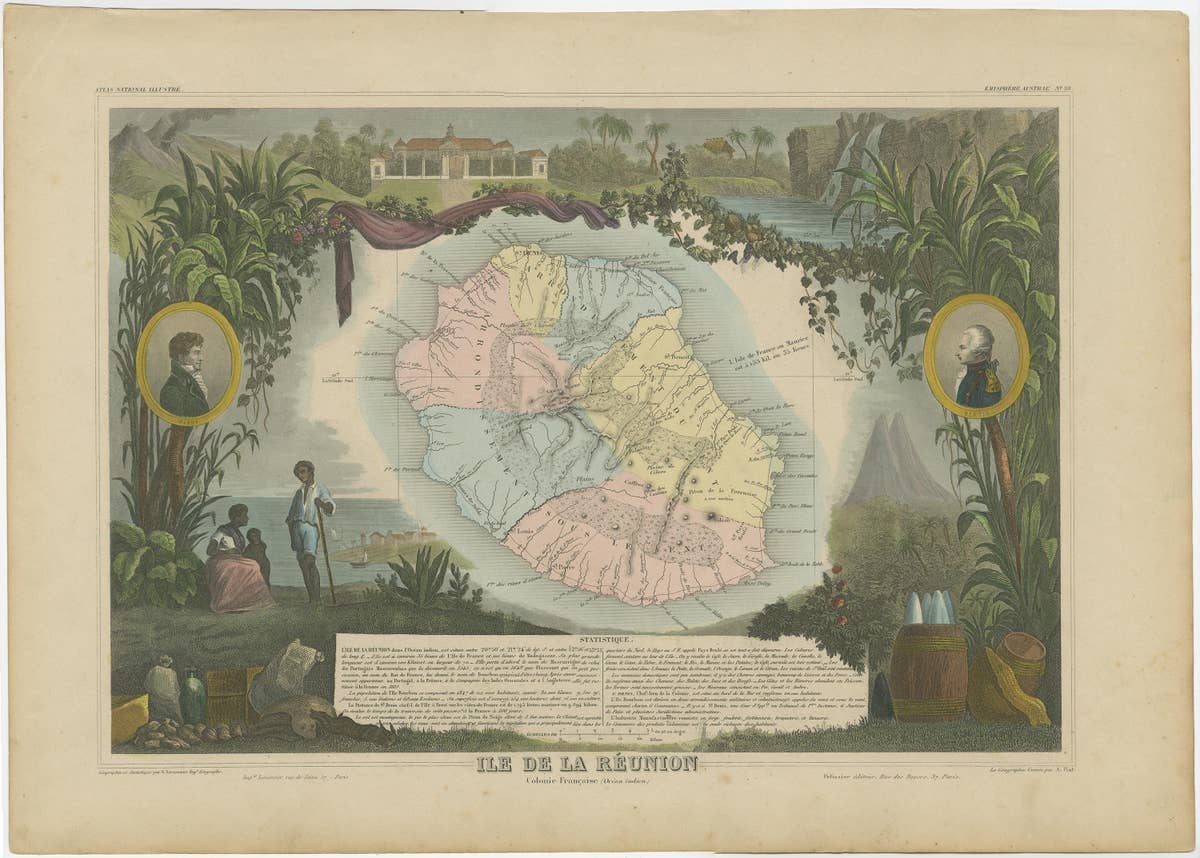 Antique Map of Bourbon, or Reunion, Colony of France