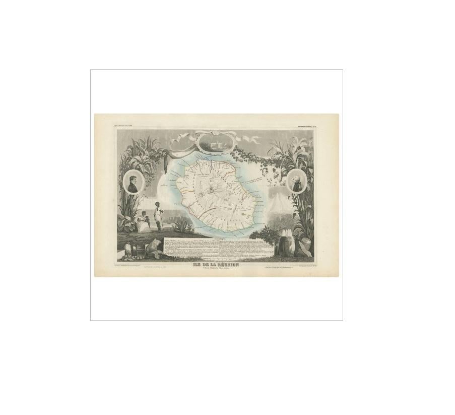 Antique map titled 'Ile de la Réunion'. Map of the French department of Ile. Bourbon or Reunion. Bourbon, or Reunion, is a volcanic island off the coast of Africa. It is one of France's few remaining colonies in the Indian Ocean. Reunion is known