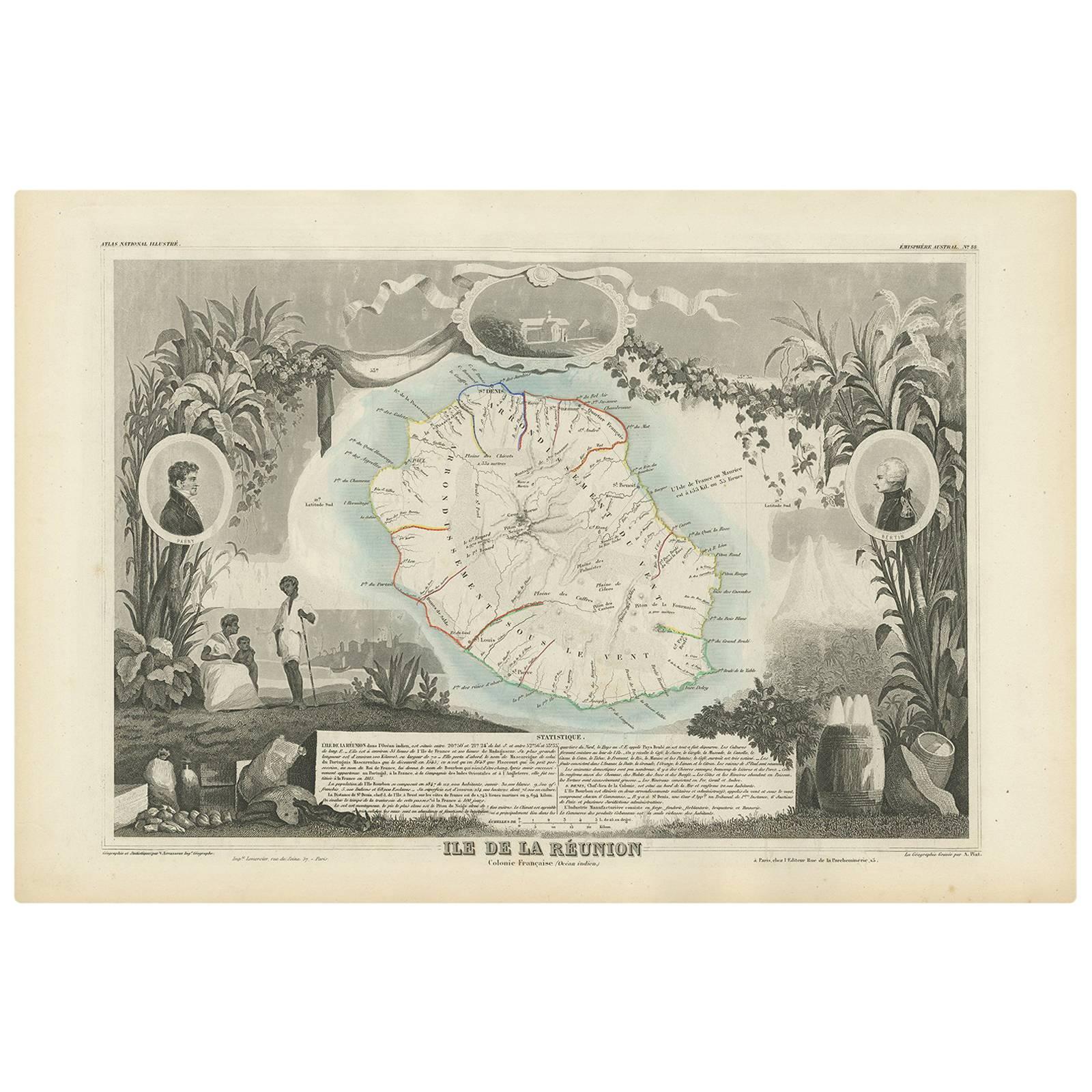 Carte ancienne de Bourbon/Reunion "France" par V. Levasseur, 1854 en vente