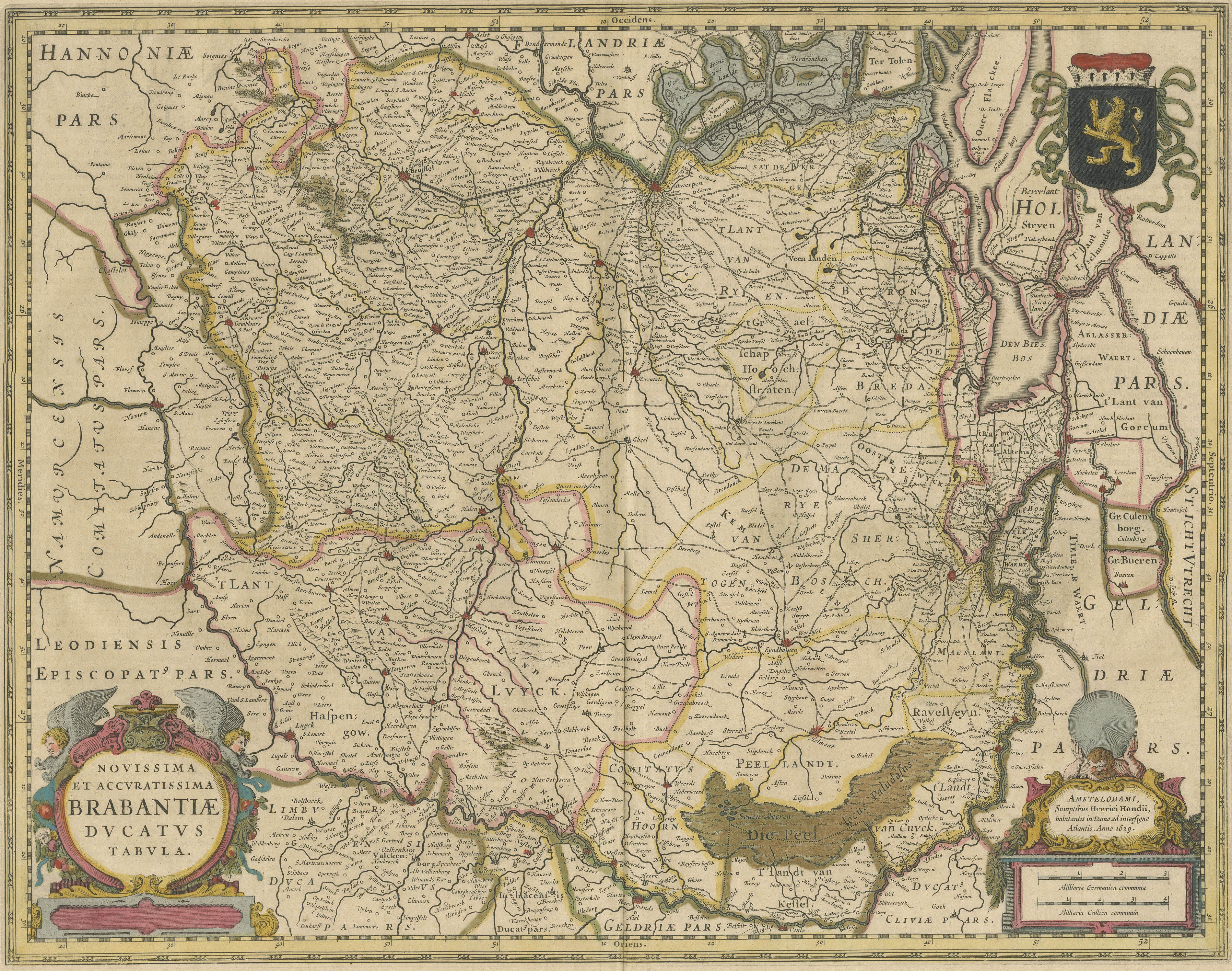 Original antique map titled 'Novissima et Accuratissima Brabantiae Ducatus Tabula'. Old map of Brabant, the Netherlands. North is to the right. Like all other maps of Brabantiae Ducatus, it encloses the area between the rivers Rhine, Maas and